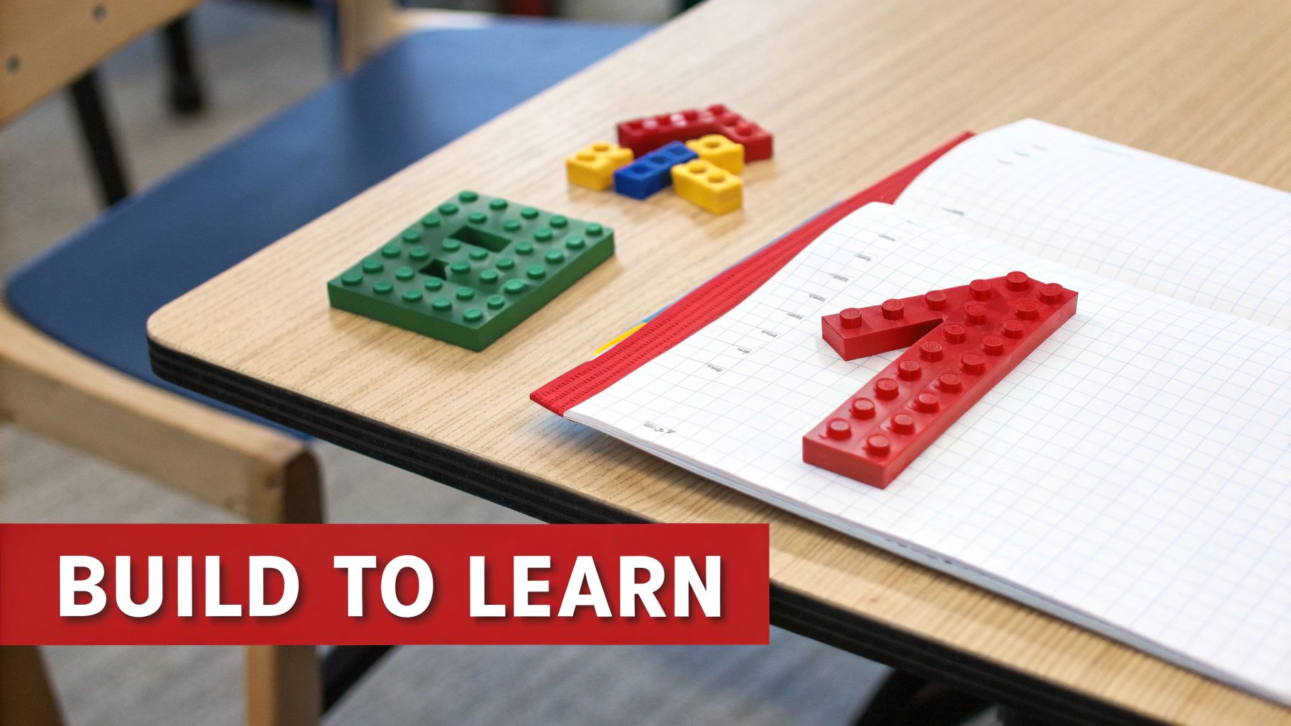 Colorful building blocks and a notebook on a school desk, promoting tactile learning.