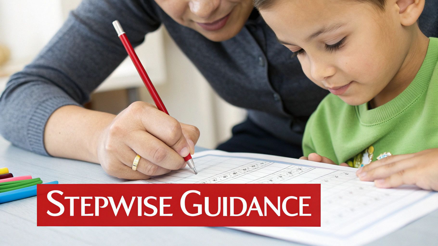 A woman guides a young boy's hand with a red pen as he writes on a worksheet, illustrating educational support.