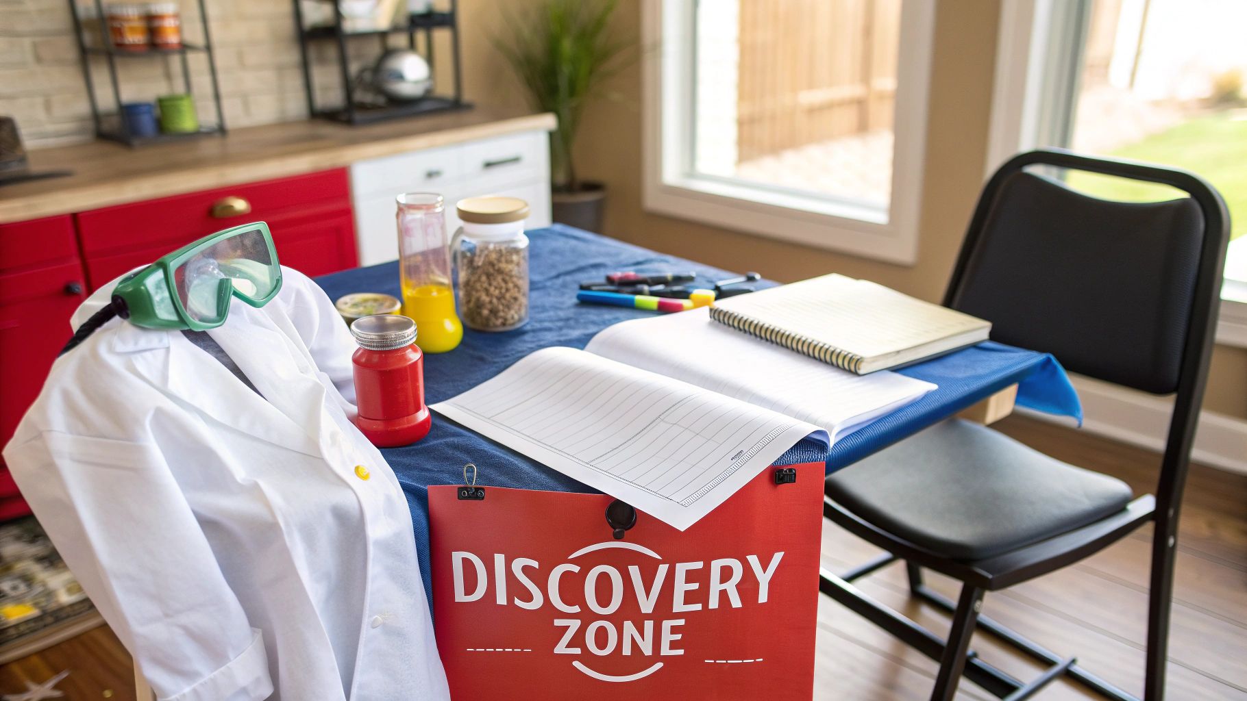 A table setup for a children's science activity with a lab coat, goggles, notebooks, and a 'Discovery Zone' sign.