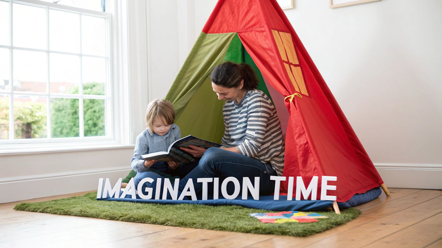 A mother and child read a book together inside a red and green play tent, with 'IMAGINATION TIME' text.