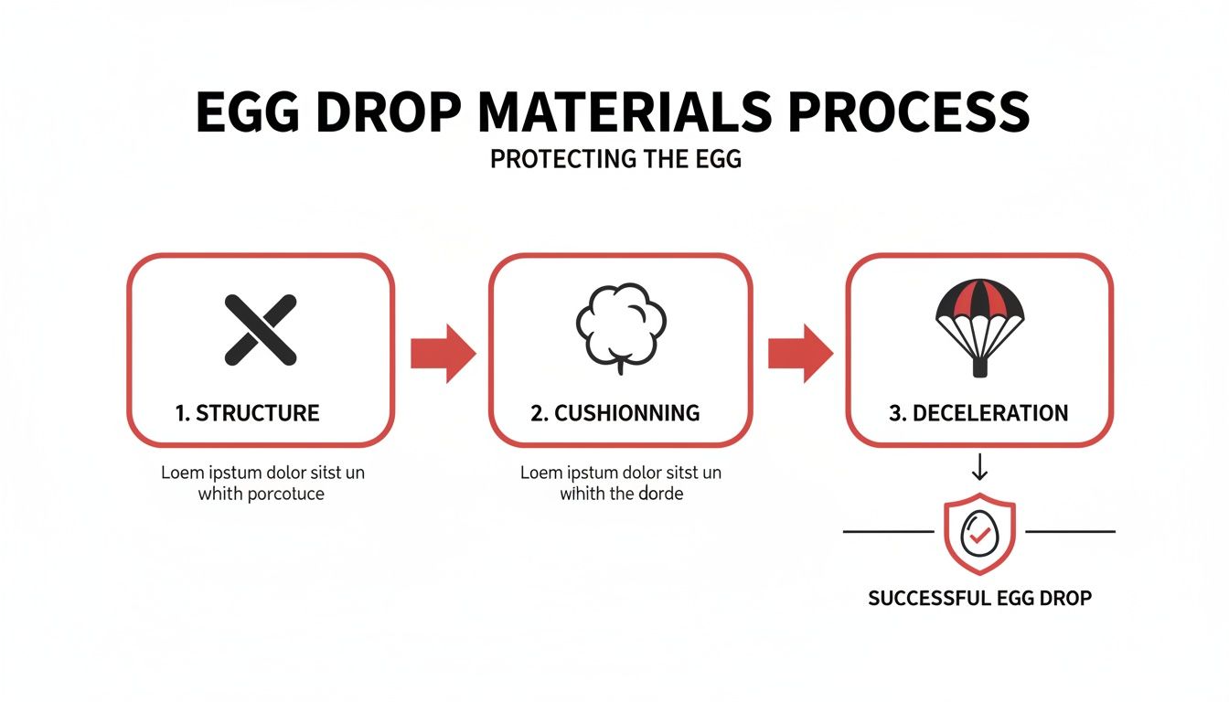 A diagram illustrating the three-step egg drop experiment process: structure, cushioning, and deceleration, leading to a successful drop.