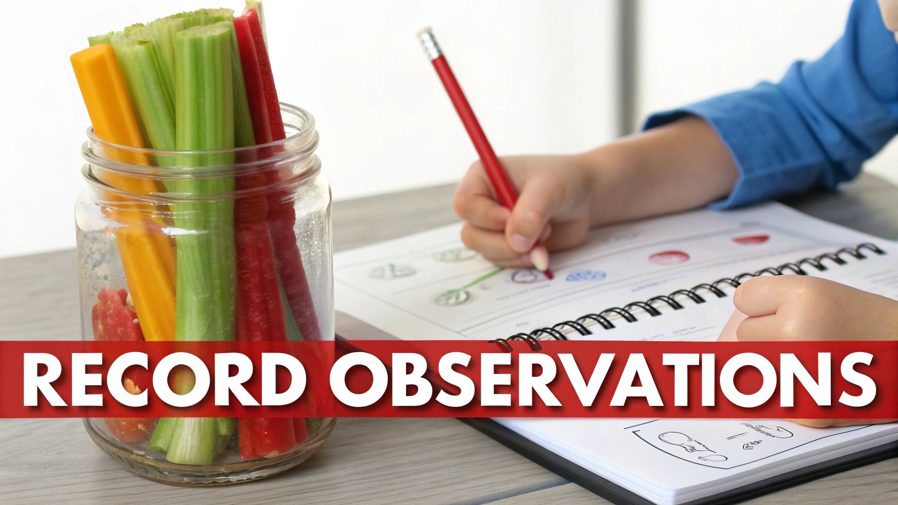 Close-up of a child recording observations in a notebook from a celery color experiment with colorful stalks.
