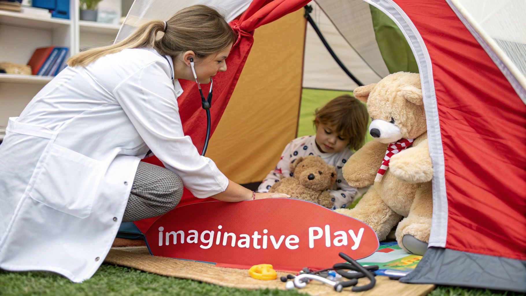 A doctor in a white coat plays with a child and teddy bears inside a colorful play tent, promoting imaginative play.
