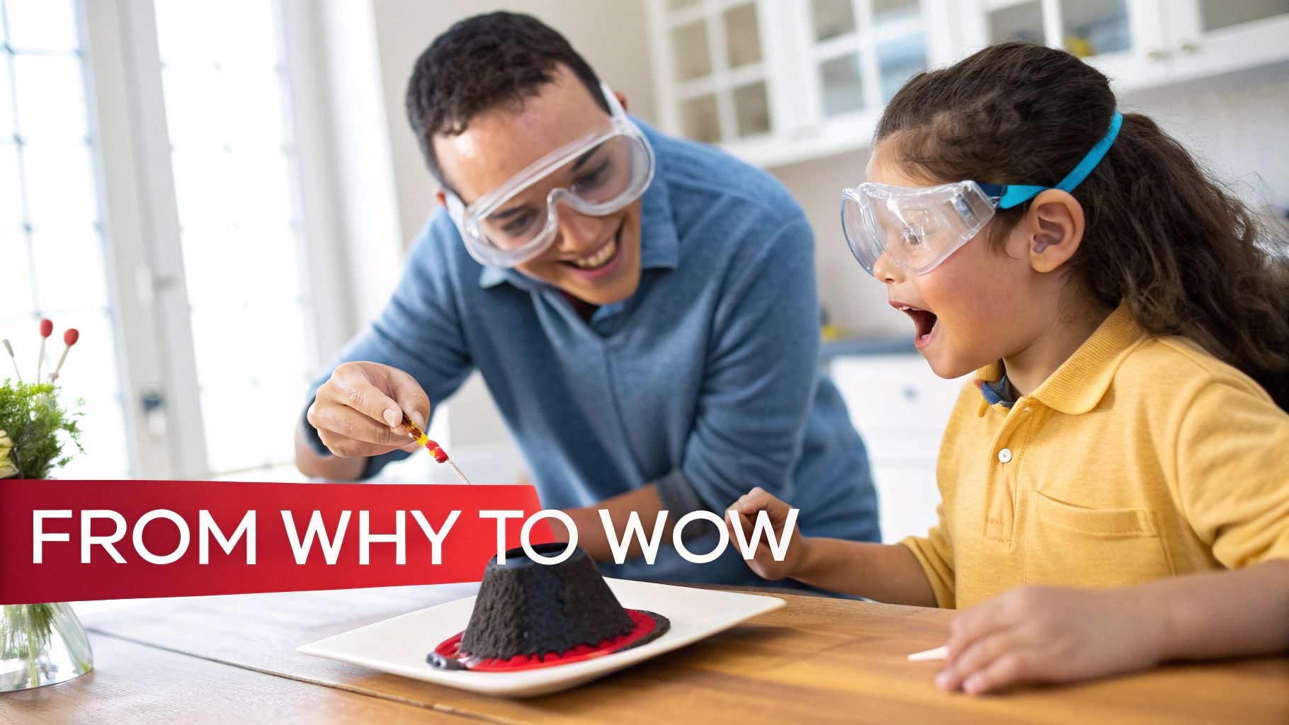 Father and daughter doing a science volcano experiment, both wearing safety goggles and looking excited.