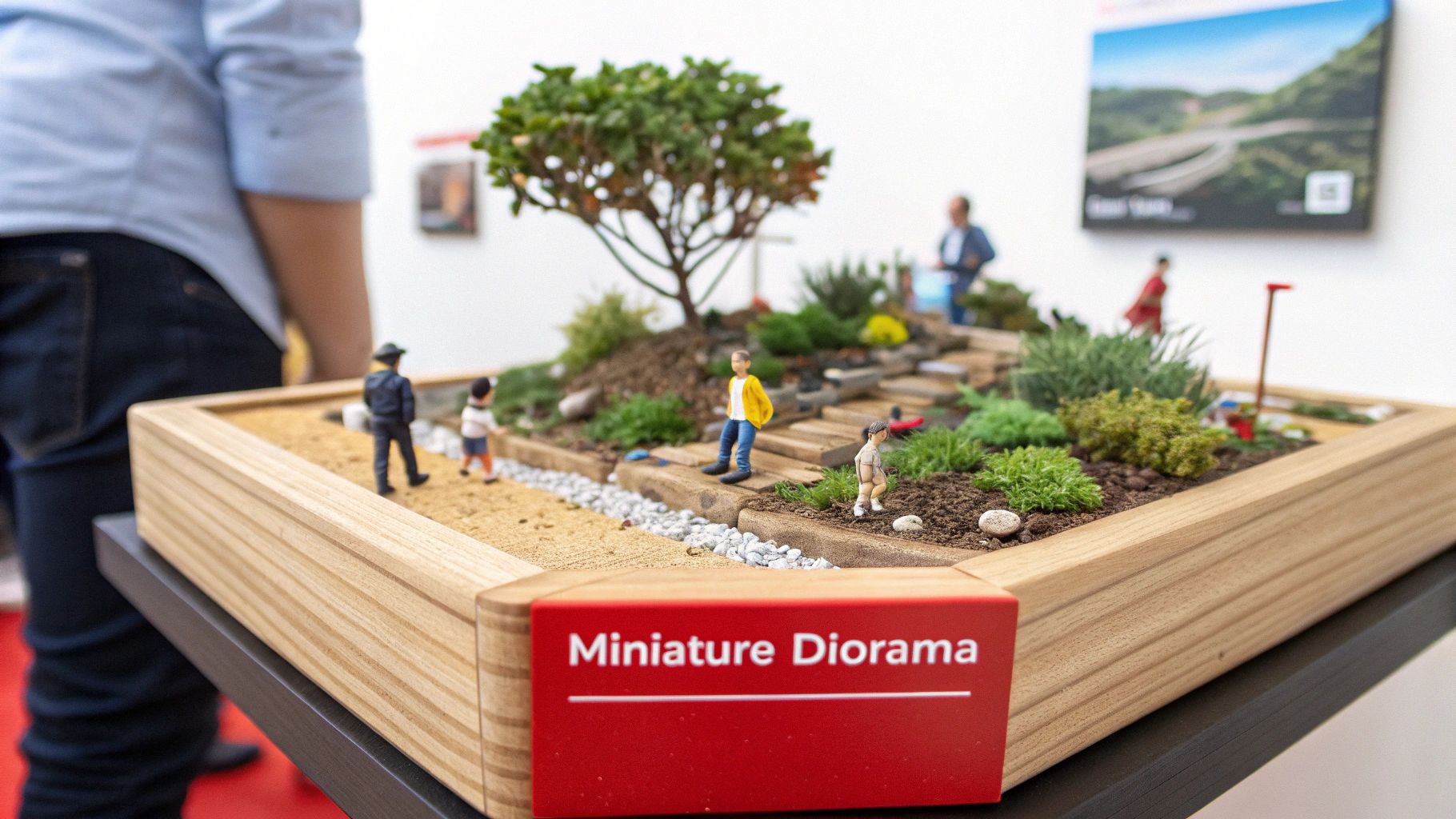 A detailed miniature diorama with small figures, plants, and a tree in a wooden frame.