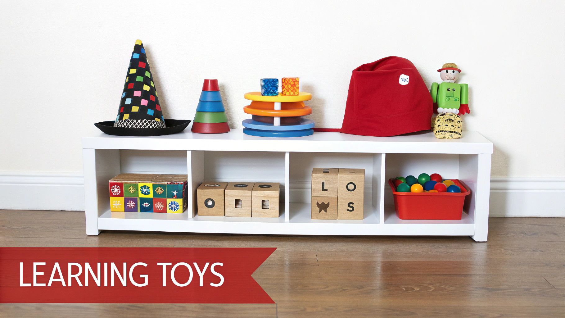 A white shelf unit holds colorful stacking rings, wooden blocks, and various learning toys.