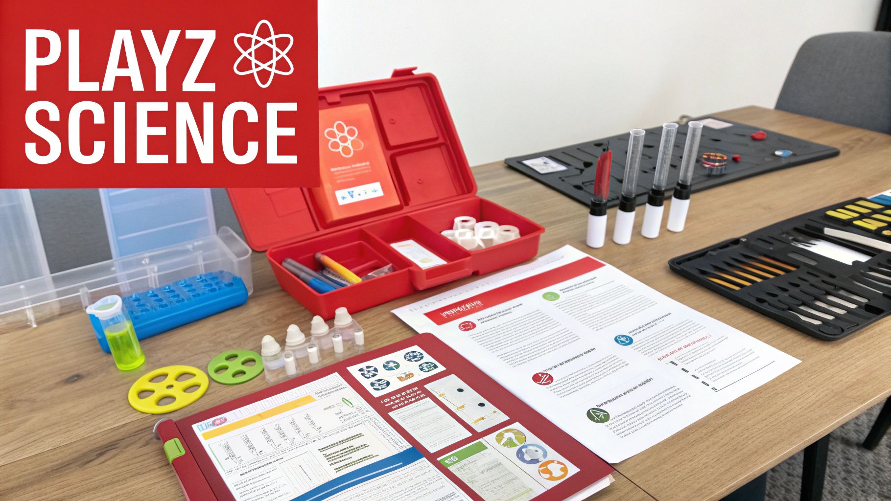 A wooden table displays multiple Playz Science kits with various experiment materials and manuals.