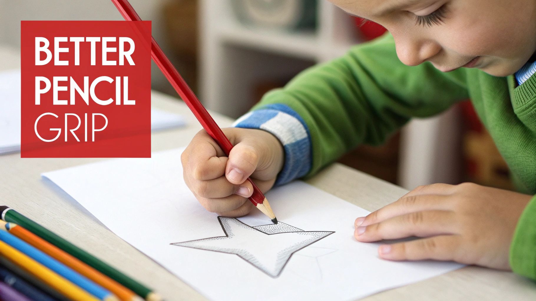 A child uses a red pencil to shade a star drawing on paper, demonstrating a good pencil grip.
