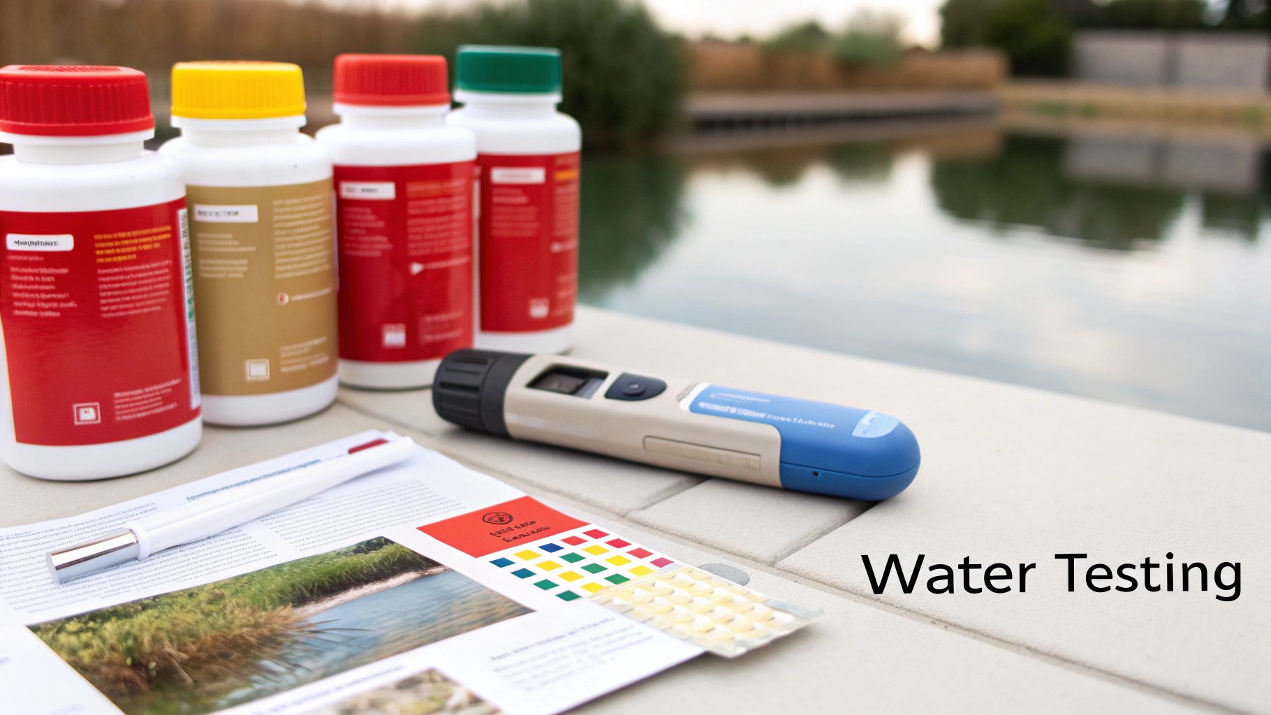 Water testing supplies, including reagent bottles, a digital meter, and a color chart, by a pond.