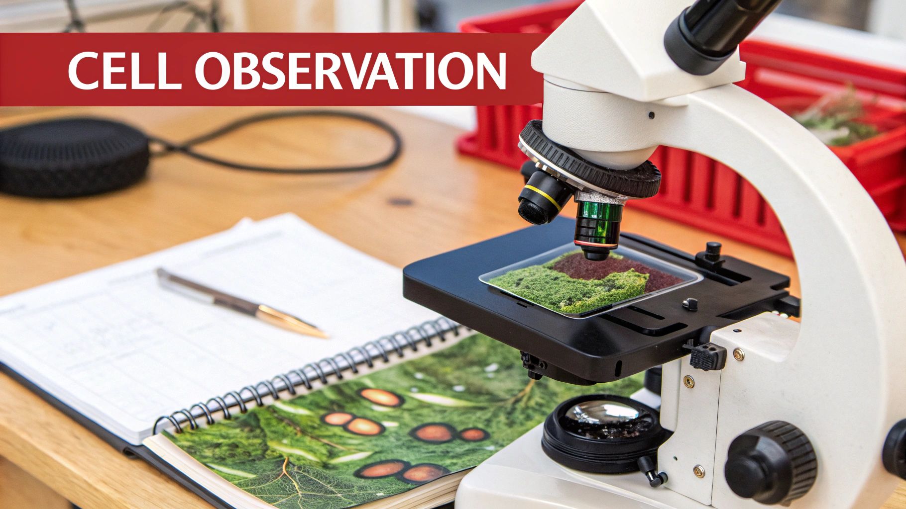 A microscope observes a sample on a wooden desk with a notebook and pen, under a 'CELL OBSERVATION' banner.
