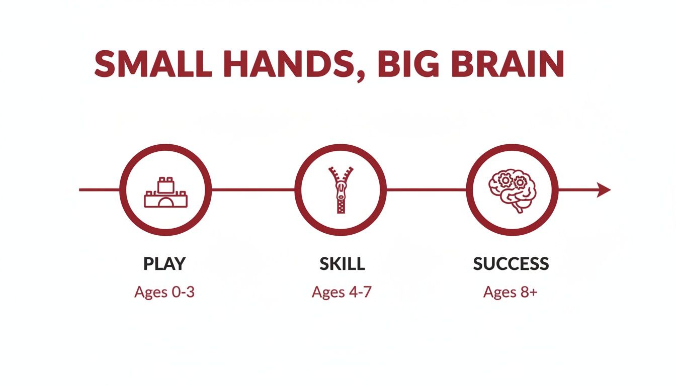 Infographic illustrating the progression of fine motor skills development from play to skill and success across different age groups.
