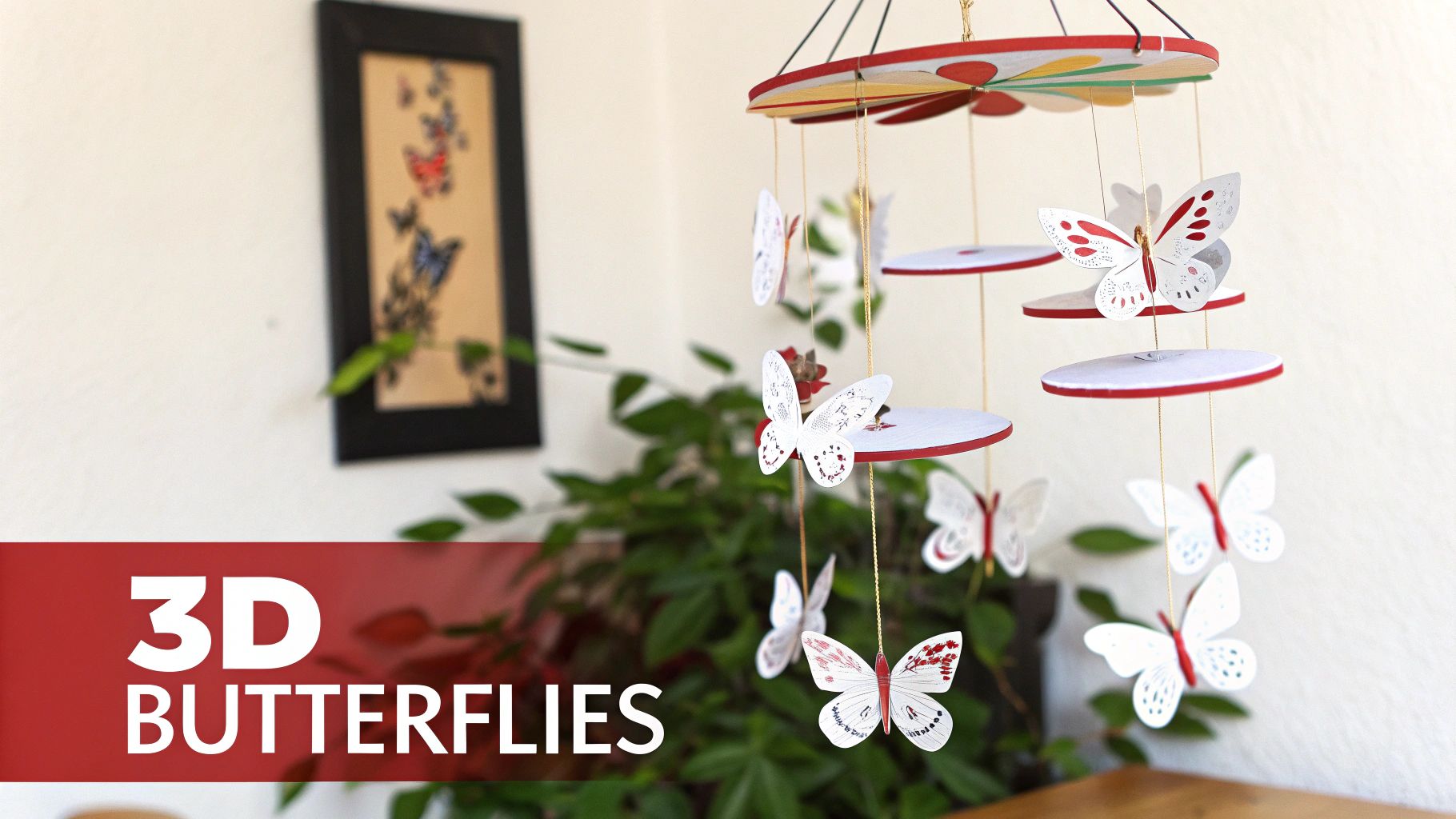 A handmade mobile featuring white 3D paper butterflies with red accents, suspended from circular platforms.