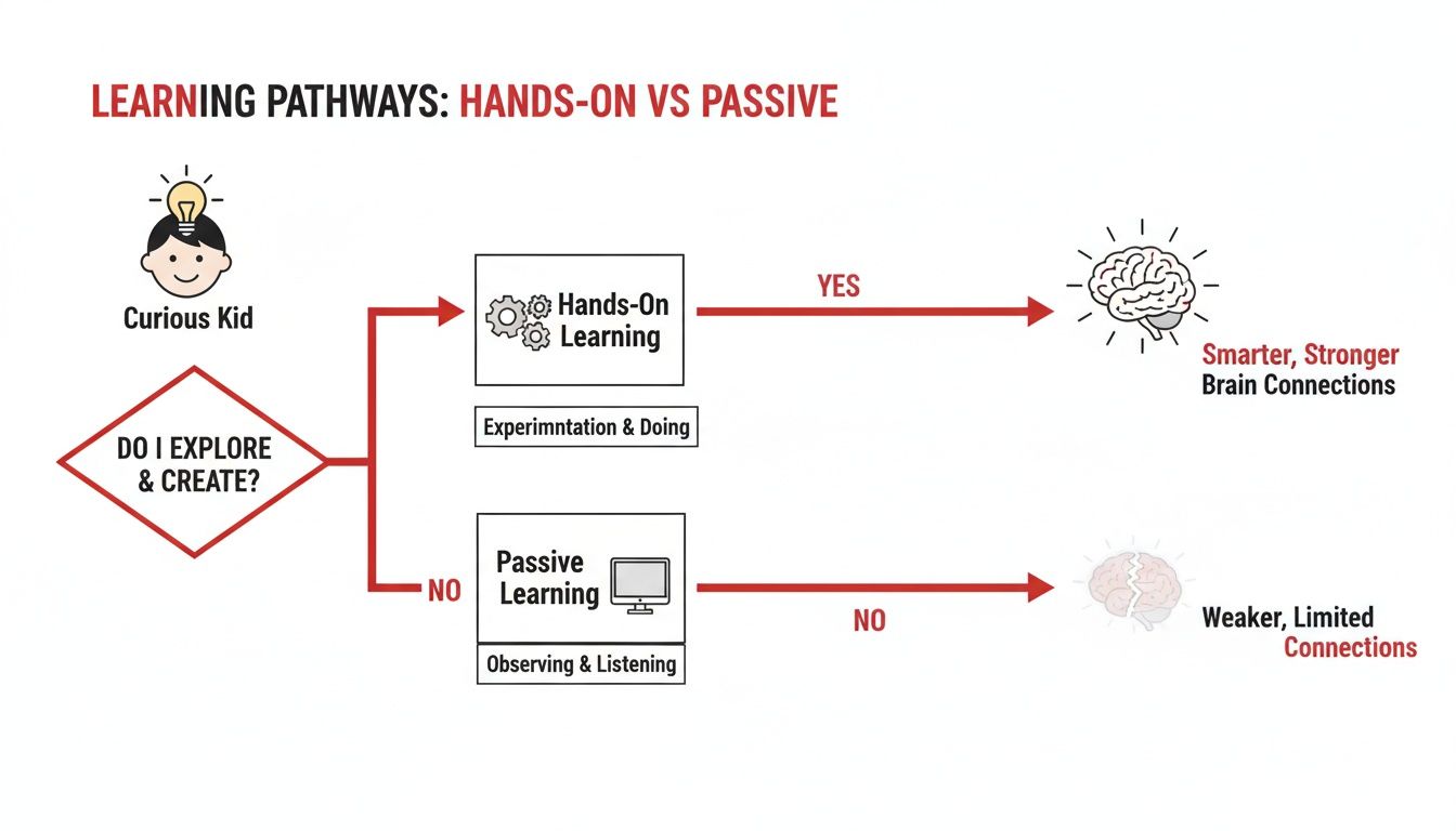 Flowchart illustrating how hands-on learning leads to stronger brain connections, while passive learning leads to weaker ones.