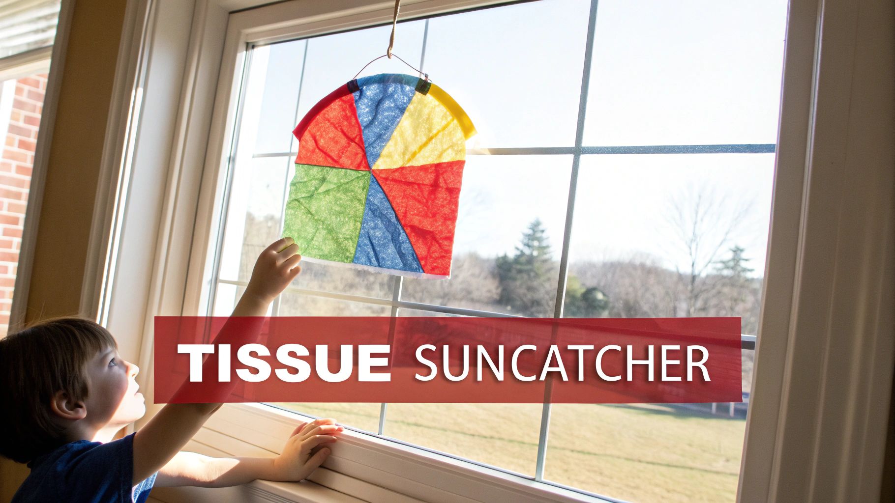A child admiring a vibrant, handmade tissue paper suncatcher hanging in a sunny window.
