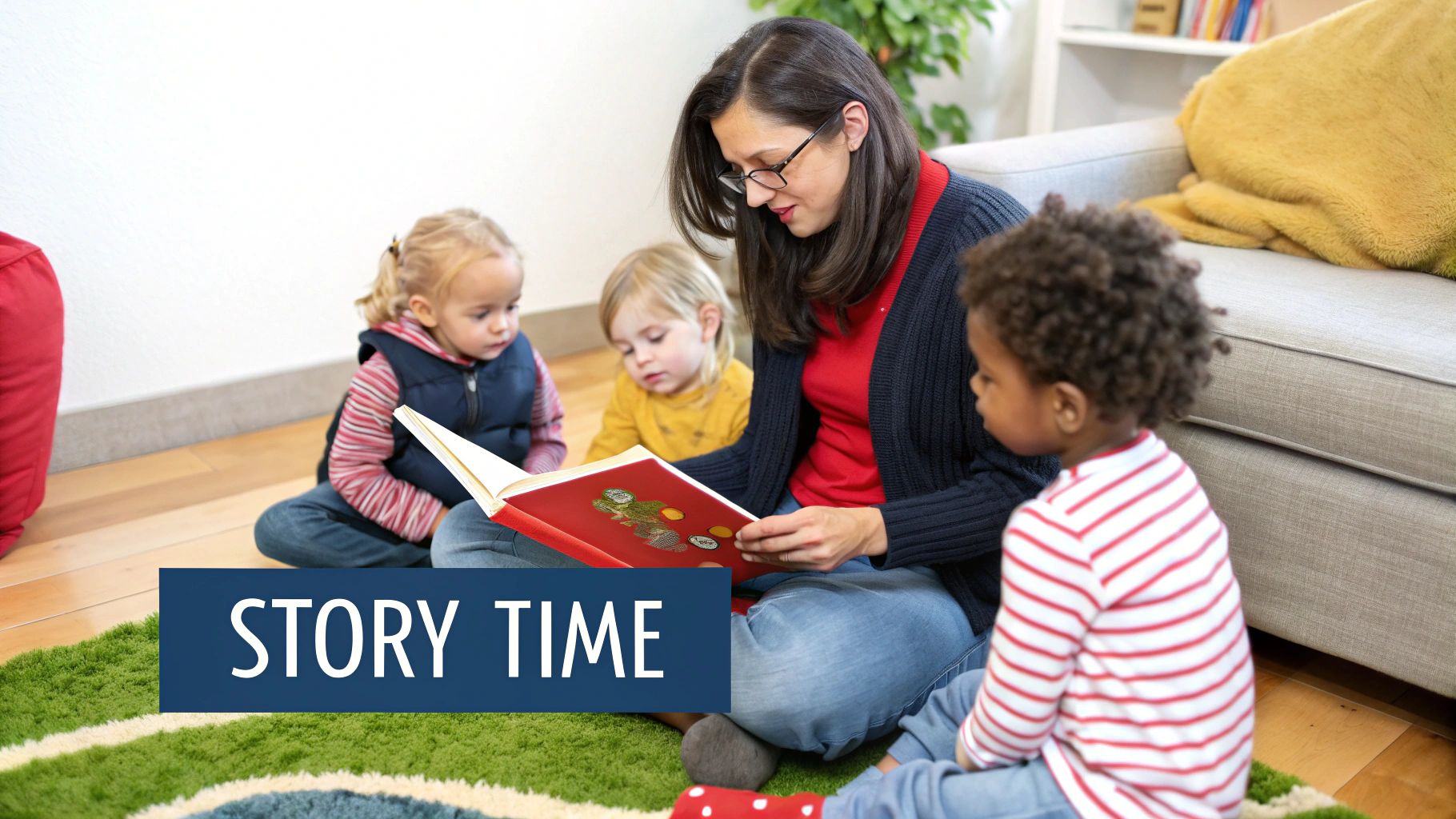 An adult reads a storybook to three diverse young children during an indoor story time activity.