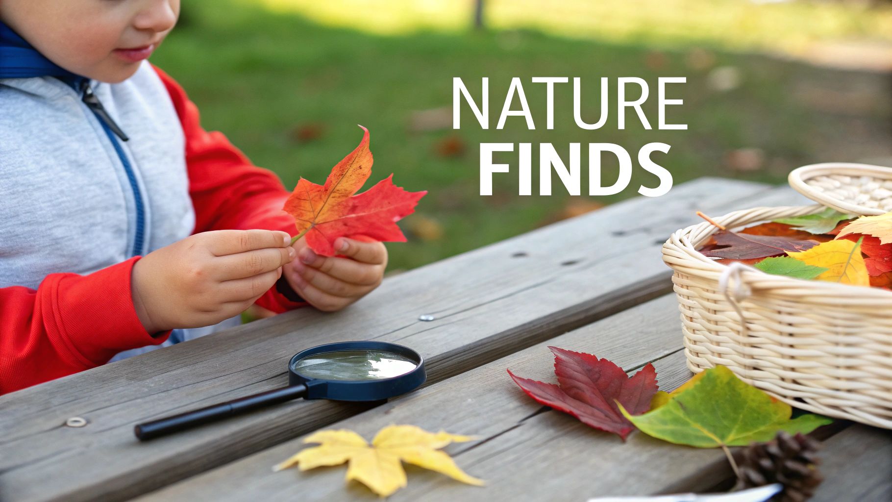 A child explores colorful autumn leaves and a magnifying glass on a rustic wooden table.