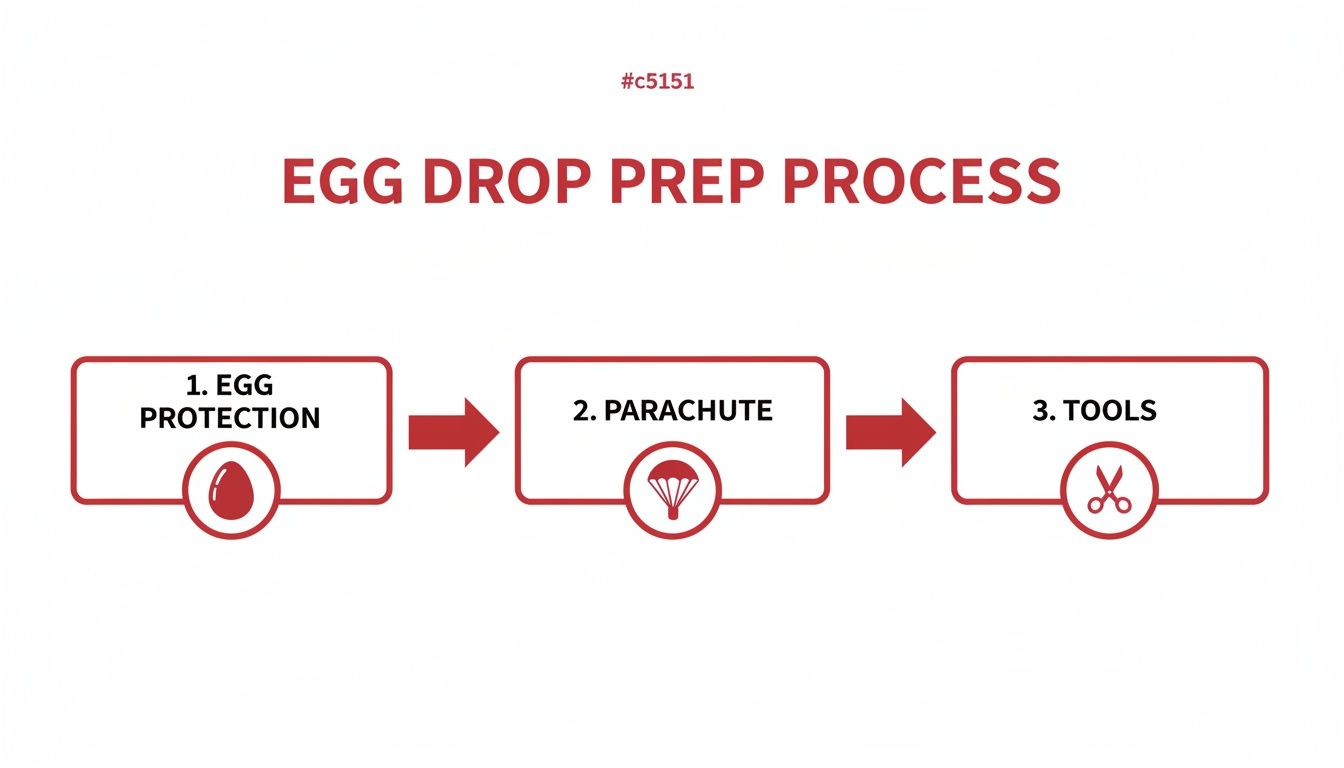Flowchart illustrating the 'Egg Drop Prep Process' with three steps: Egg Protection, Parachute, and Tools.