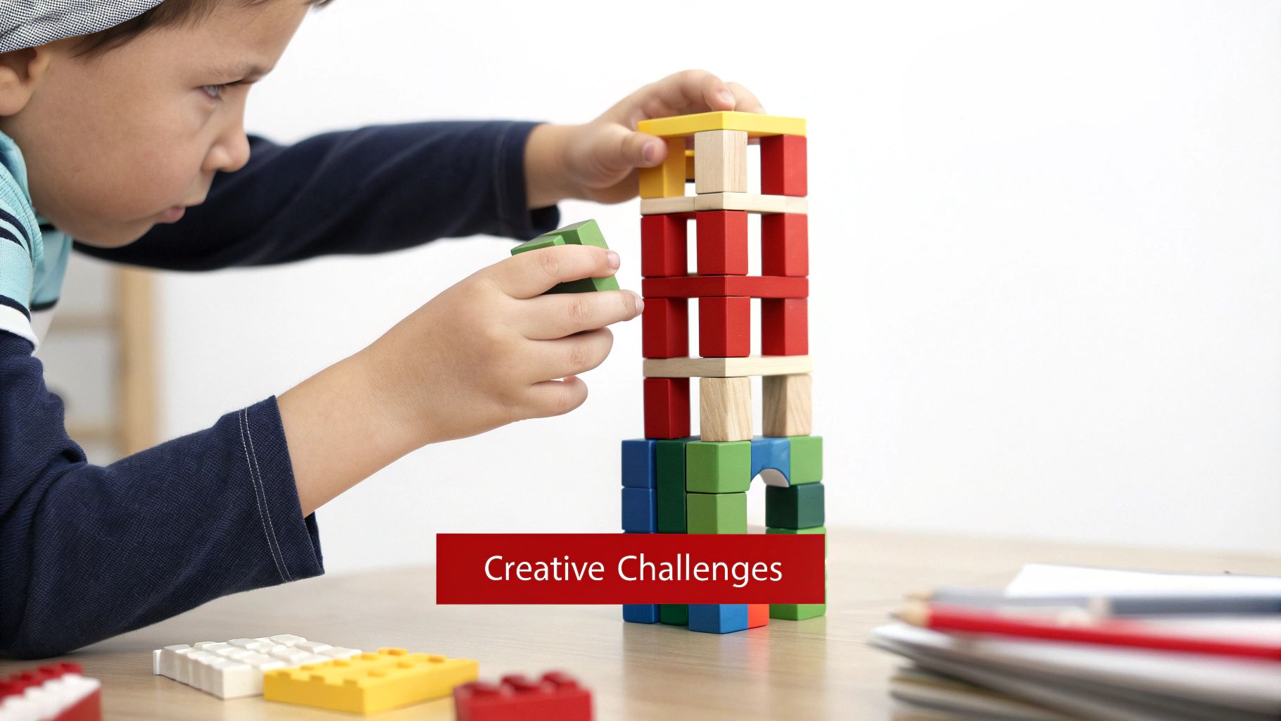 A young boy carefully stacking colorful wooden blocks, engaged in creative play and building a tall tower.