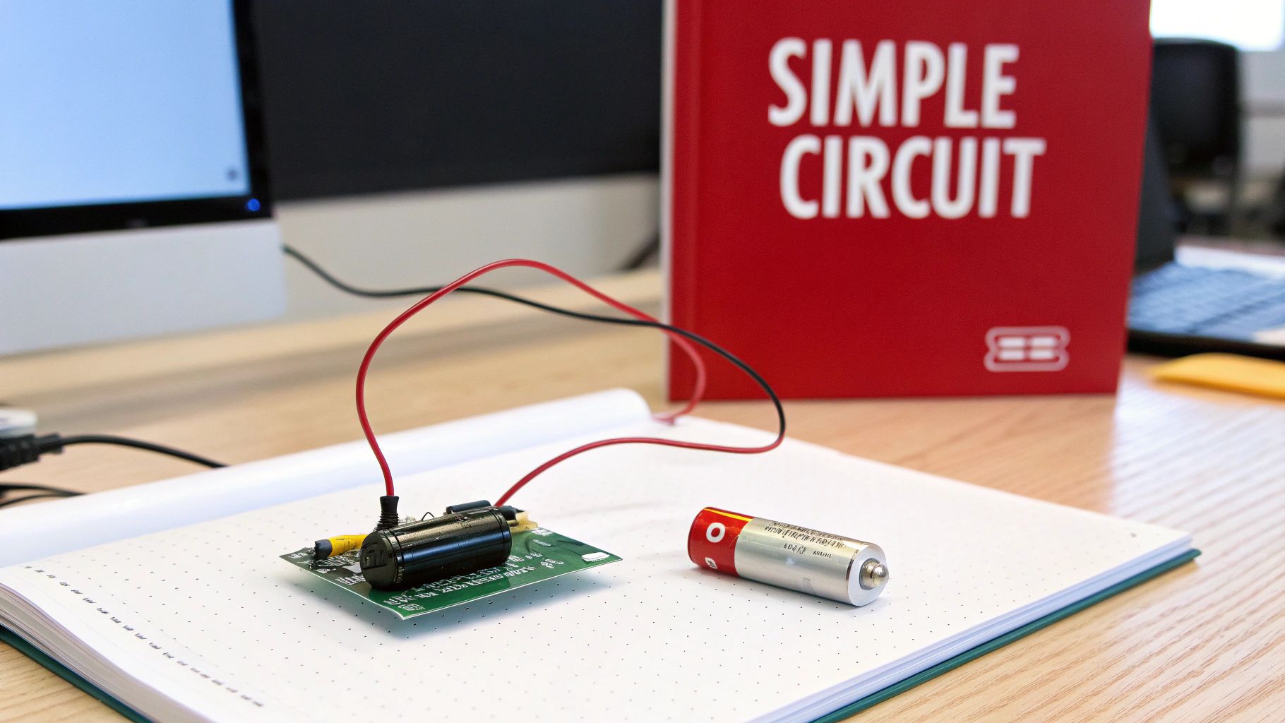 A child building a simple circuit with a battery and light bulb.