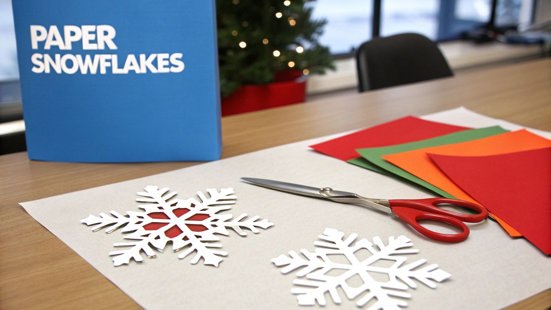A close-up shows scissors, colorful construction paper, and two white paper snowflakes on a table, with a blue folder in the background.