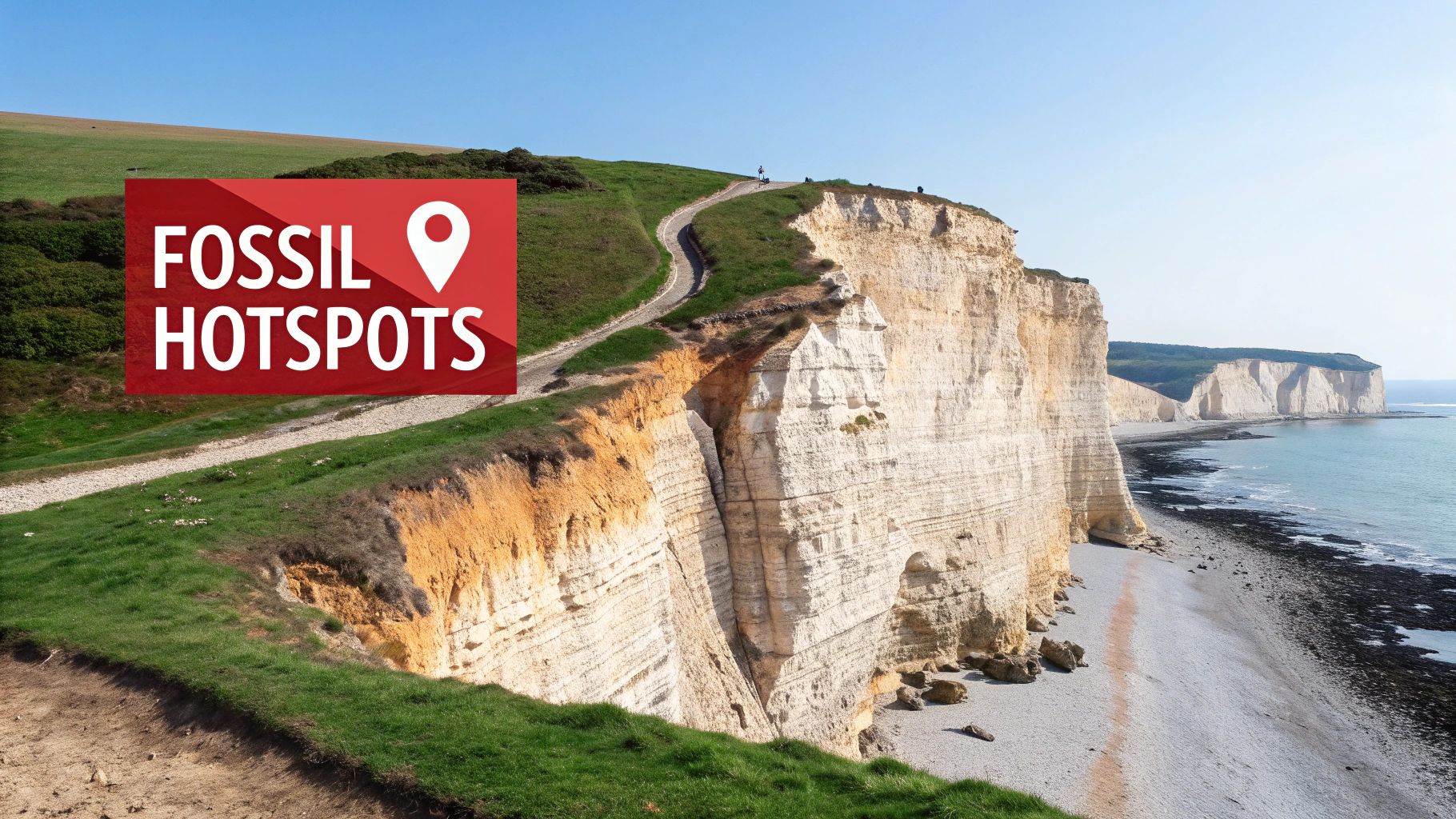 Dramatic white chalk cliffs with visible fossil layers along coastal path, ideal fossil hunting location