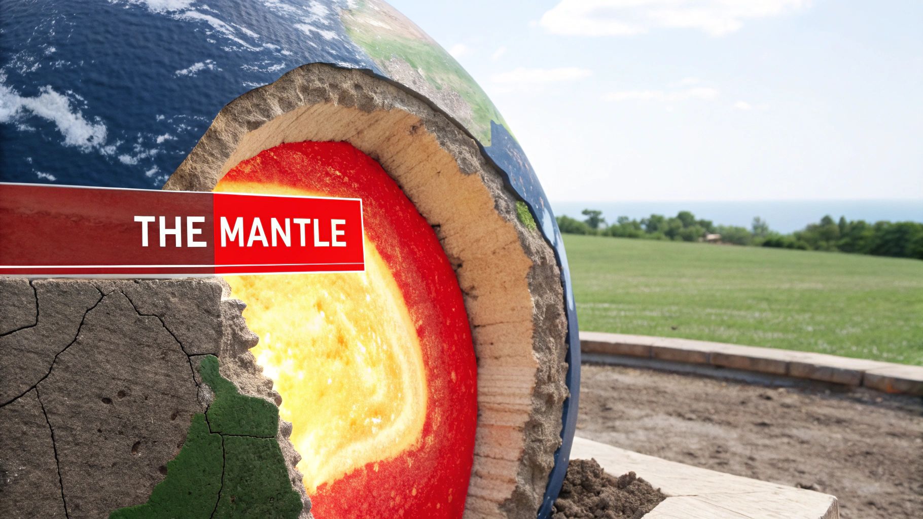 A detailed cross-section model of Earth's layers, prominently featuring the red molten mantle.