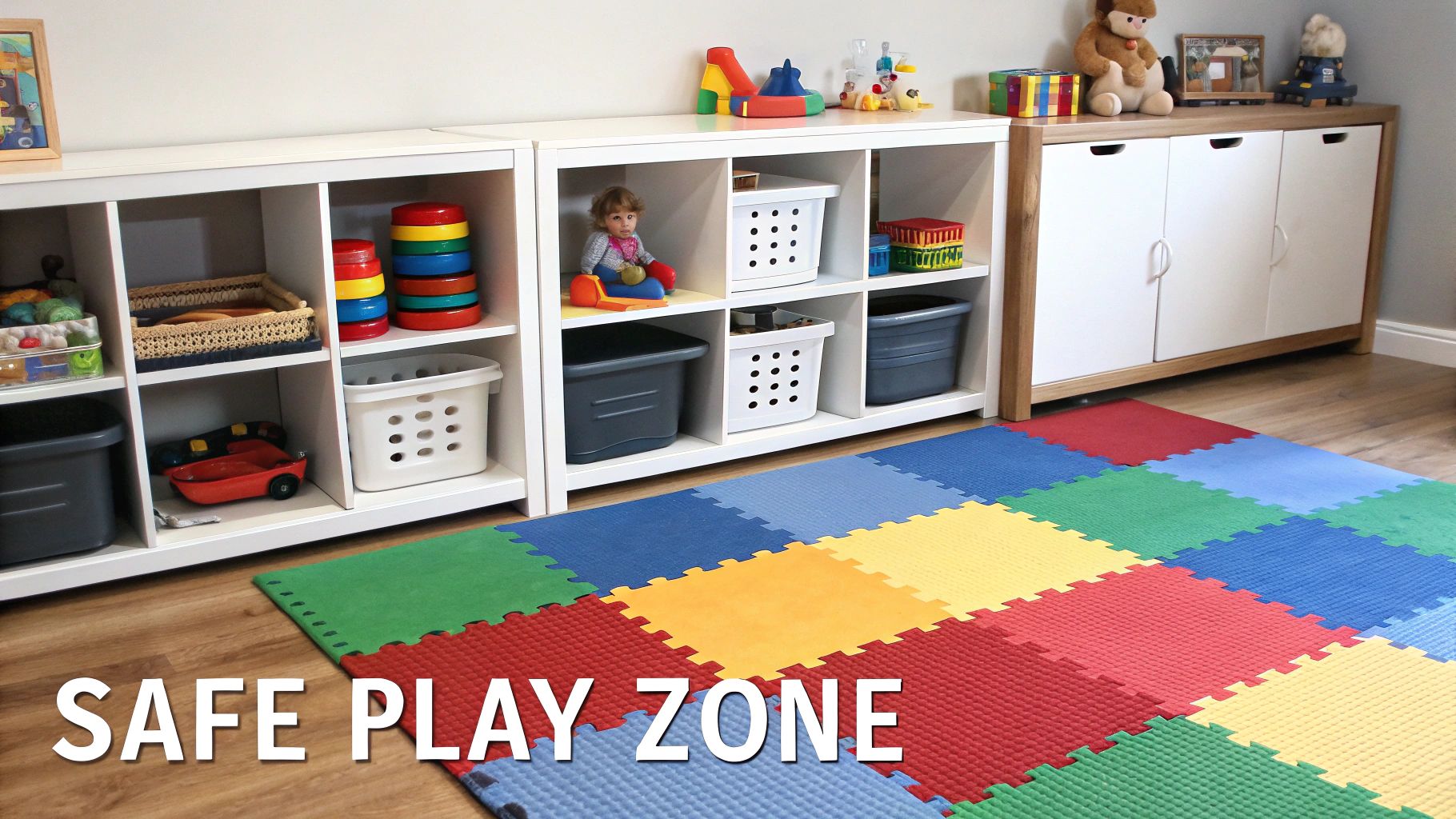 A safe and colorful children's play area with toy storage, a baby, and foam floor mats.