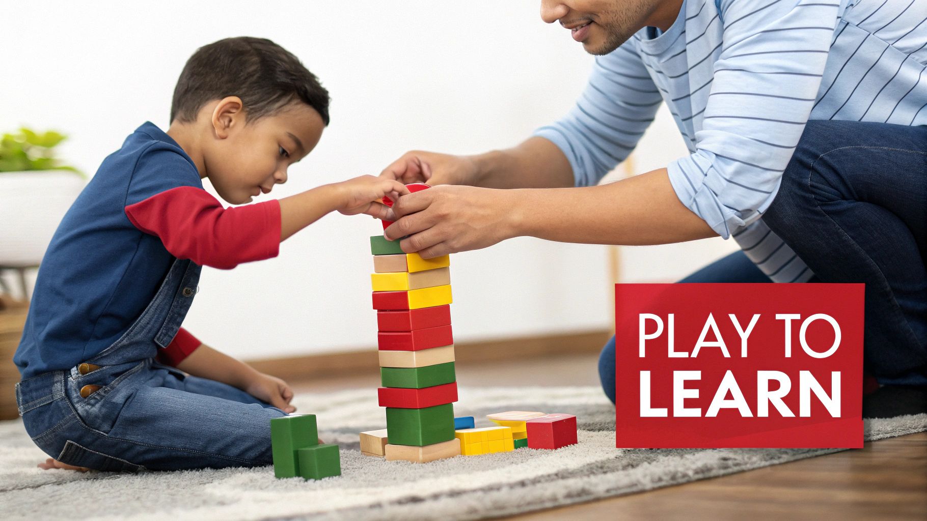 A father and young son play together, building a tall tower with colorful educational blocks.