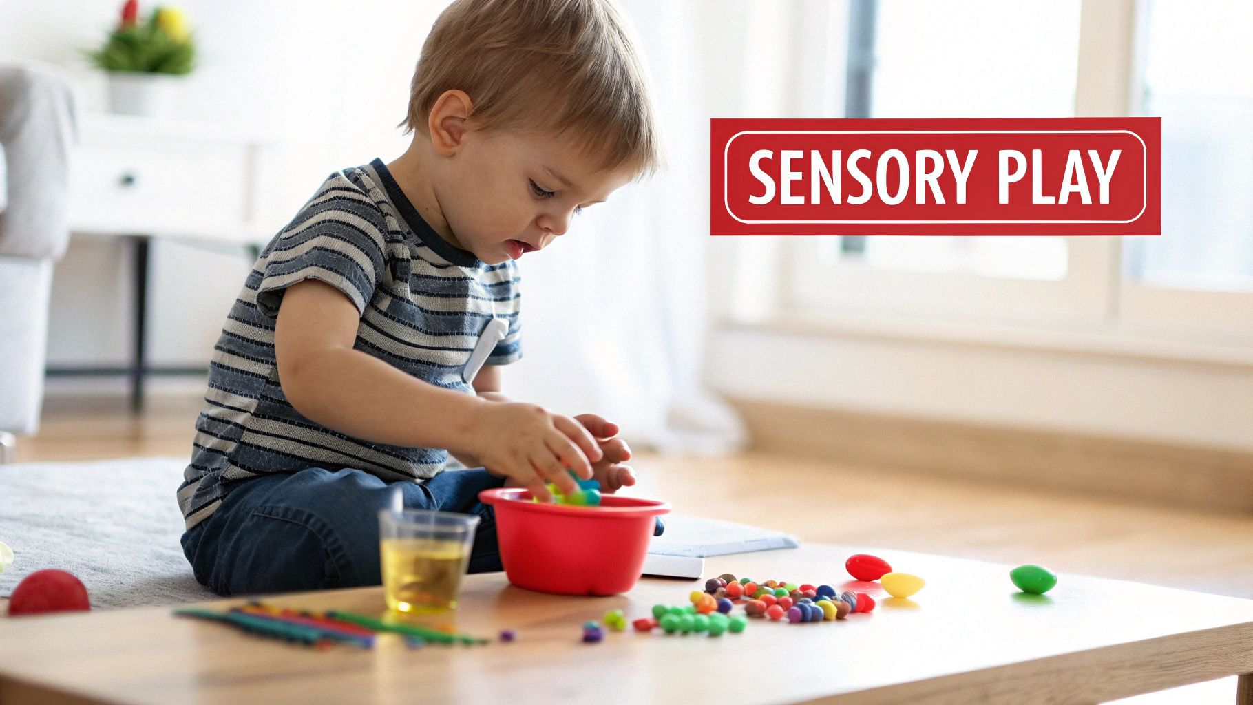 A young child engages in sensory play, sorting colorful beads and small toys with a red bowl.