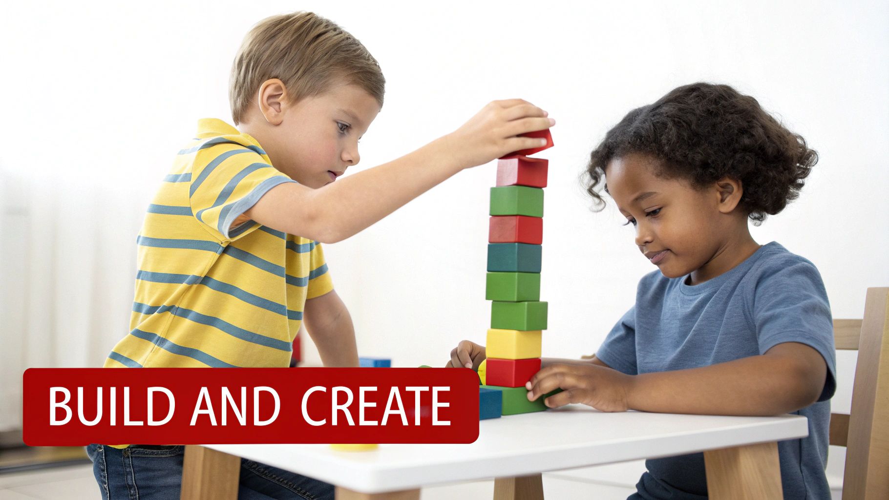 Two young diverse boys building a tall tower with colorful wooden blocks on a white table, focused on their game.