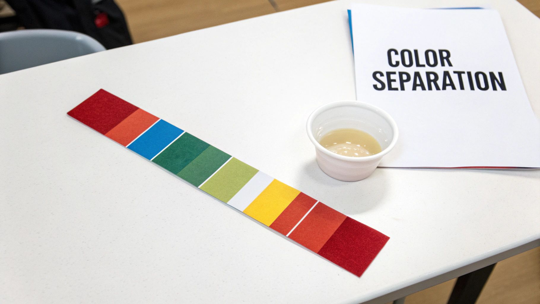 A colorful color separation chart, a small cup, and a document on a white table.