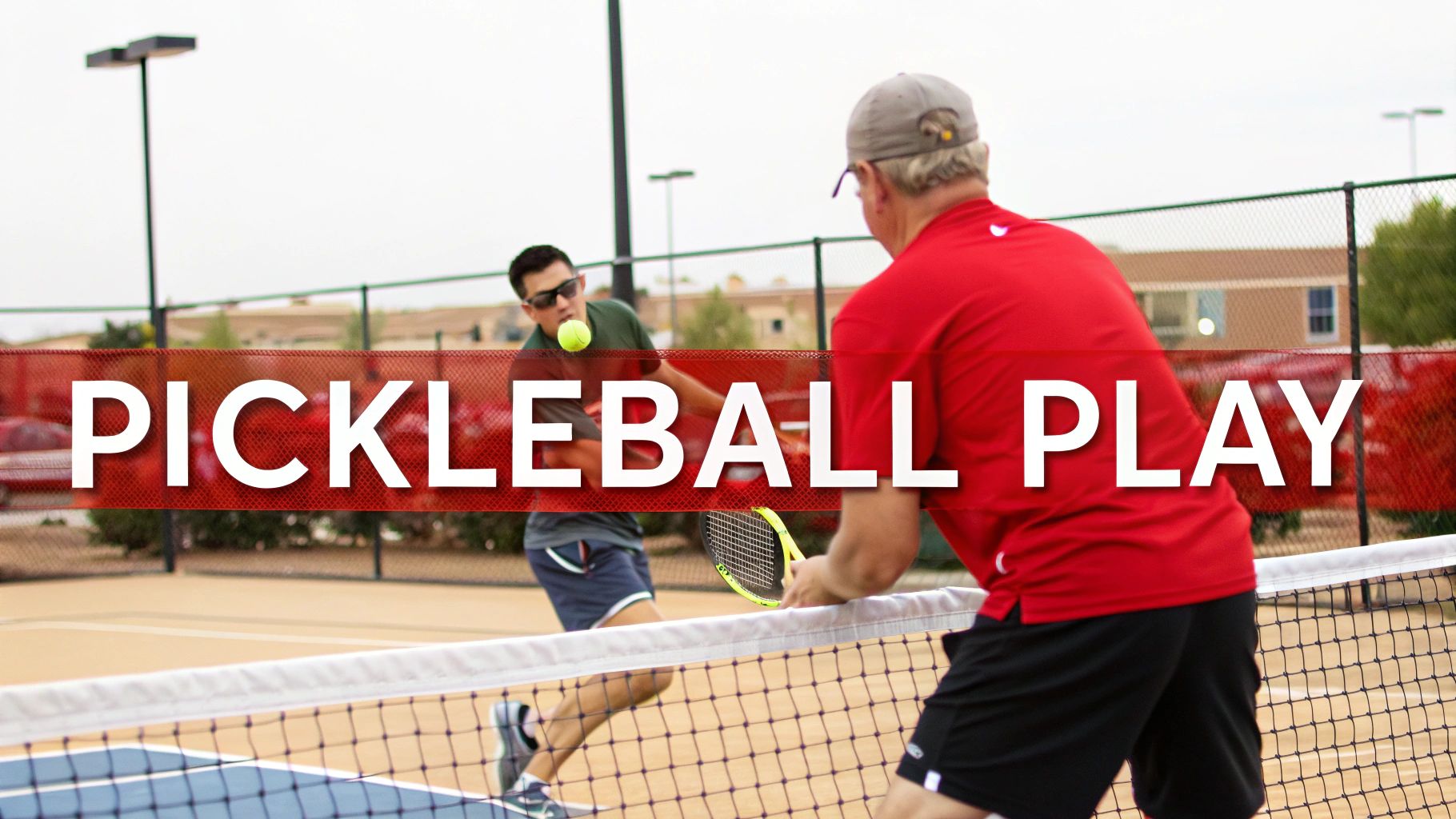 Two men playing pickleball on an outdoor court, one hitting a yellow ball over the net.