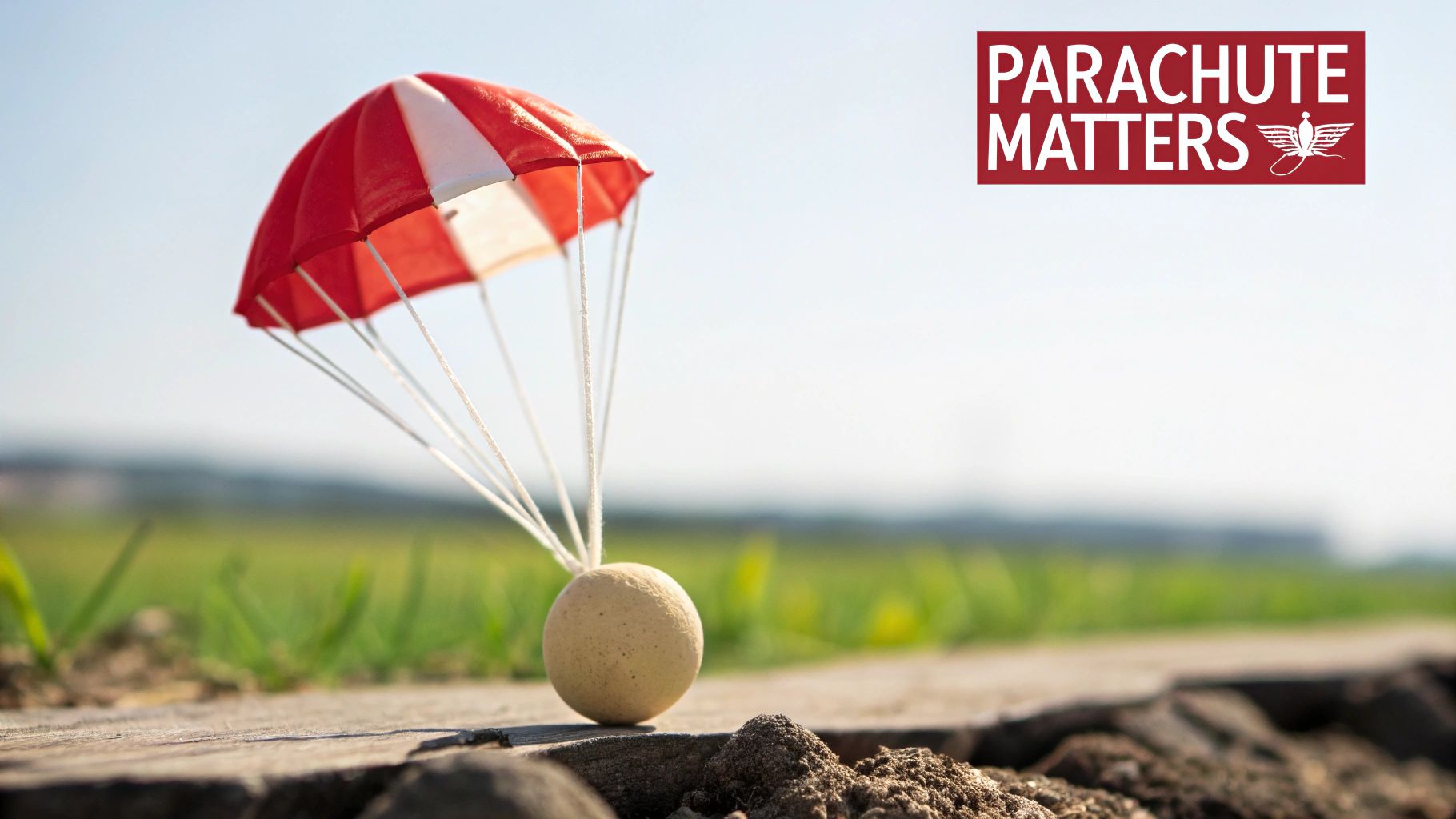 A small red and white parachute attached to a beige ball, resting on cracked ground with green grass.