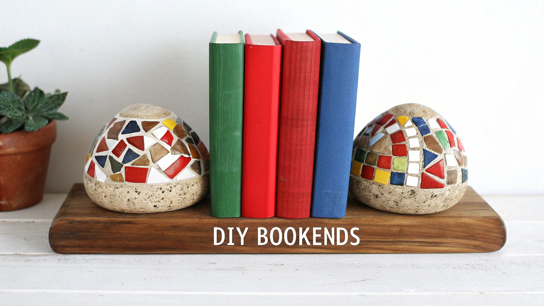 Two mosaic-decorated, earthy-toned bookends support four colorful books on a rustic wooden shelf, a DIY project.
