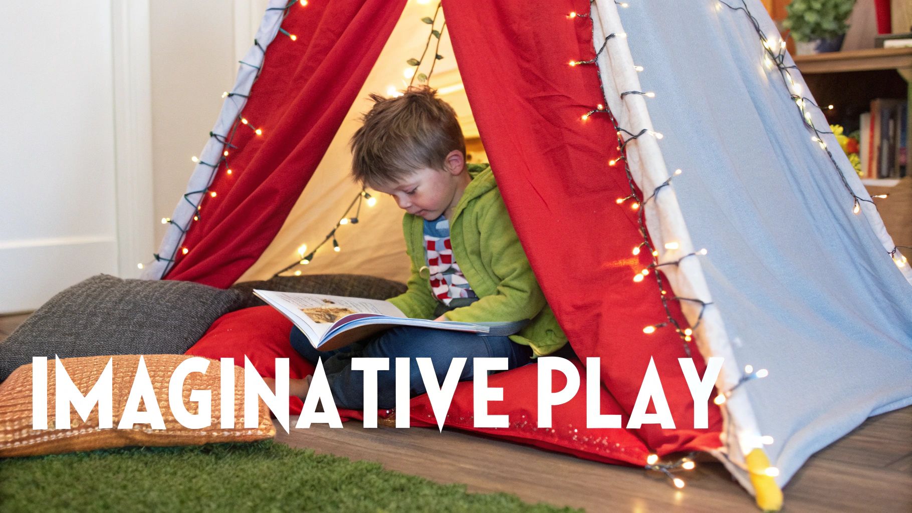 Young boy reading book inside colorful indoor play tent decorated with string lights