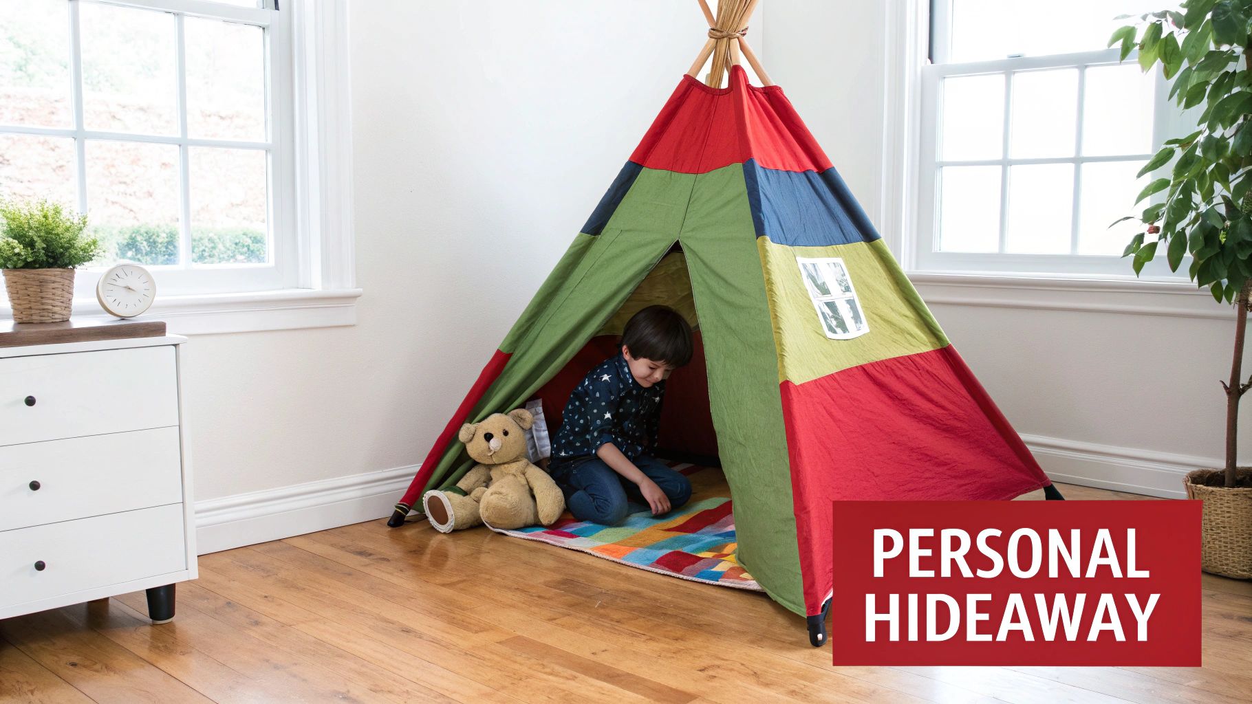 Child playing inside colorful indoor play tent with teddy bear in bright bedroom