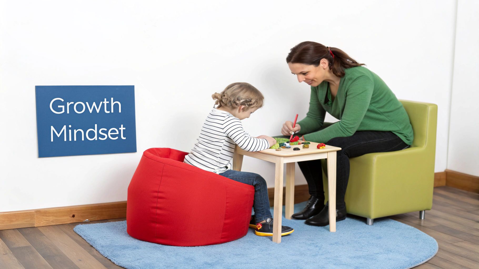 An adult and a child engaging in a learning activity at a table with a 'Growth Mindset' sign.