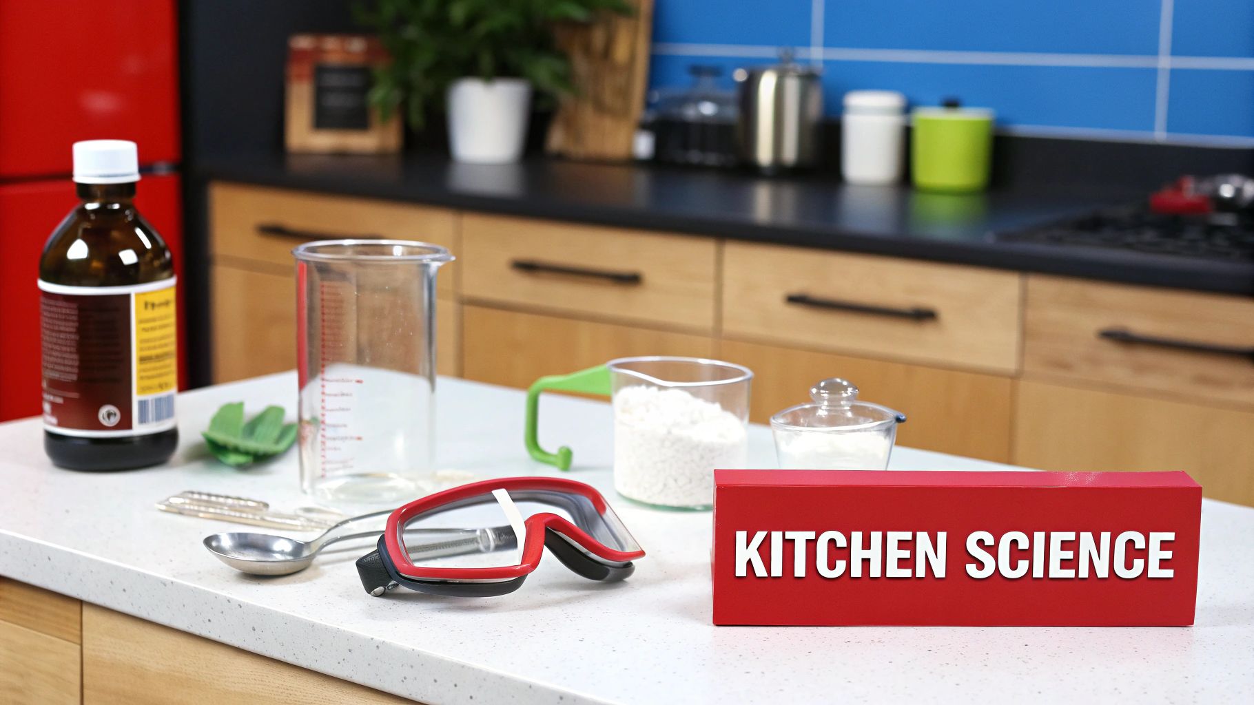 A child and an adult happily conducting a chemistry experiment in a kitchen with colorful beakers.