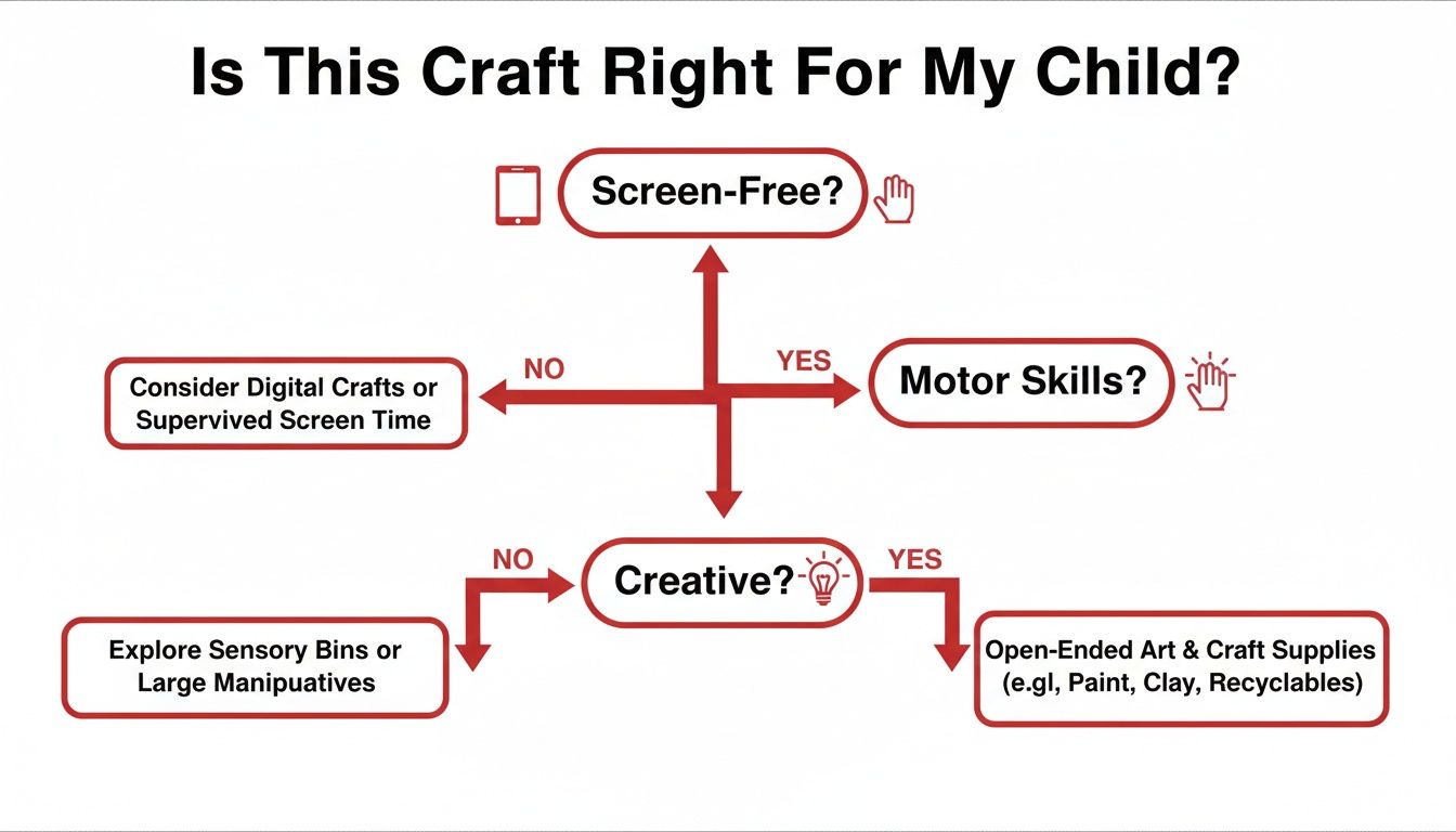 Flowchart guiding parents on choosing a craft project for their child based on screen-free, motor skills, and creativity.