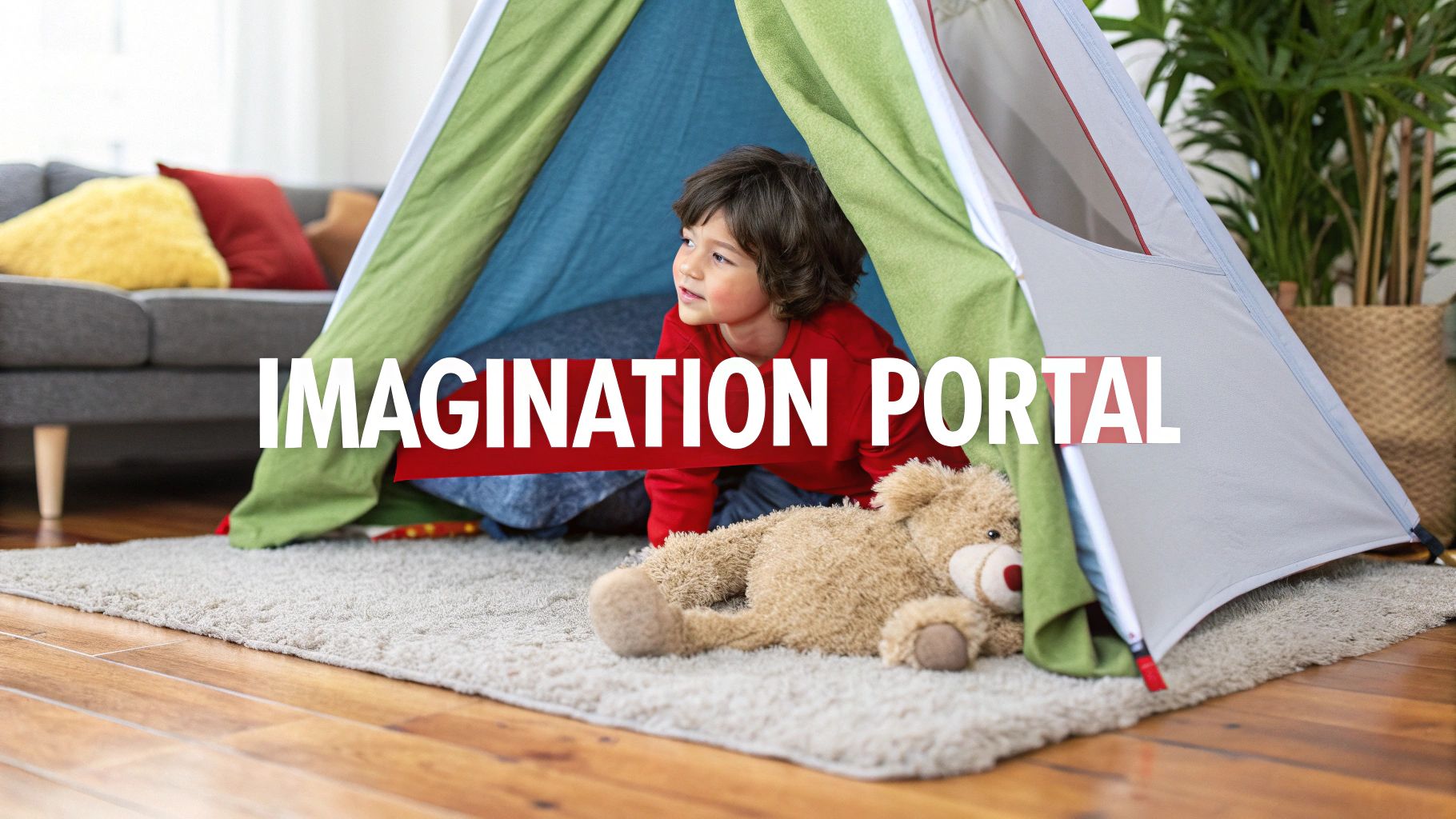 A young child playing happily inside a colorful indoor play tent filled with toys.