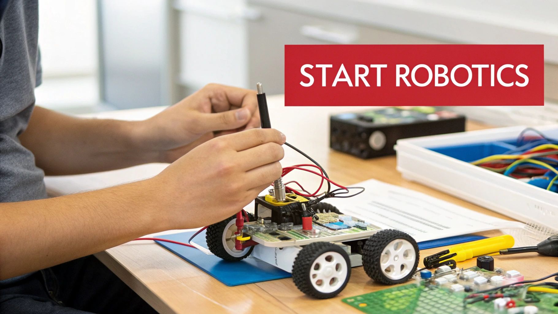 A child happily assembling a colorful robotics kit on a wooden table