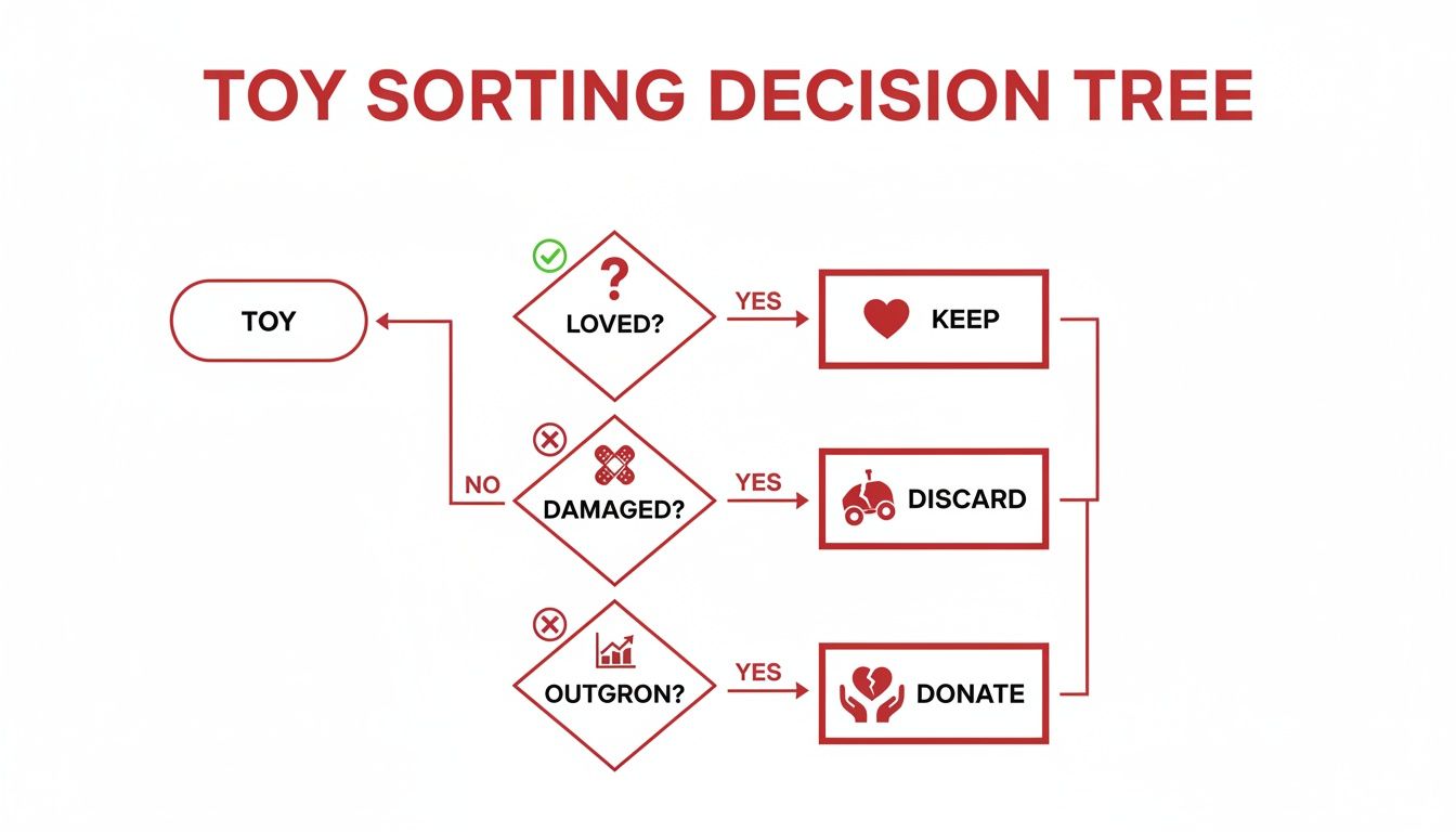 Decision tree flowchart guiding how to sort toys into keep, discard, or donate categories.
