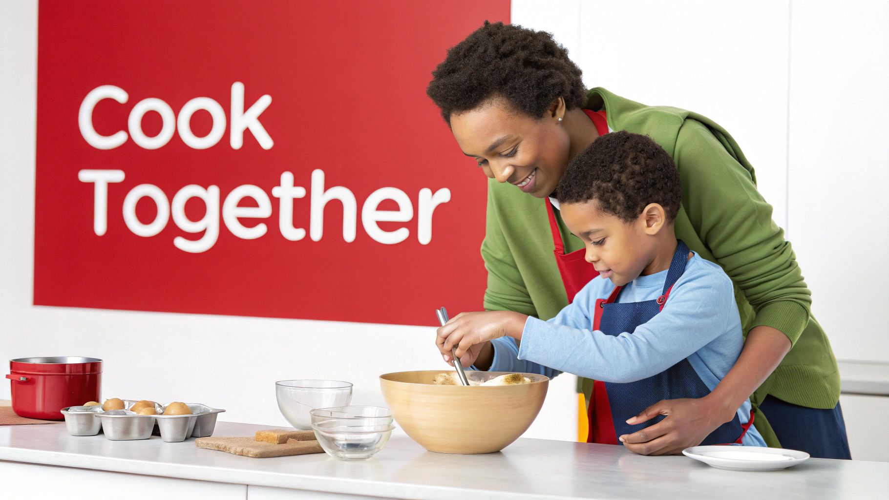 A smiling mother and son happily mix ingredients in a bowl, under a 'Cook Together' sign.