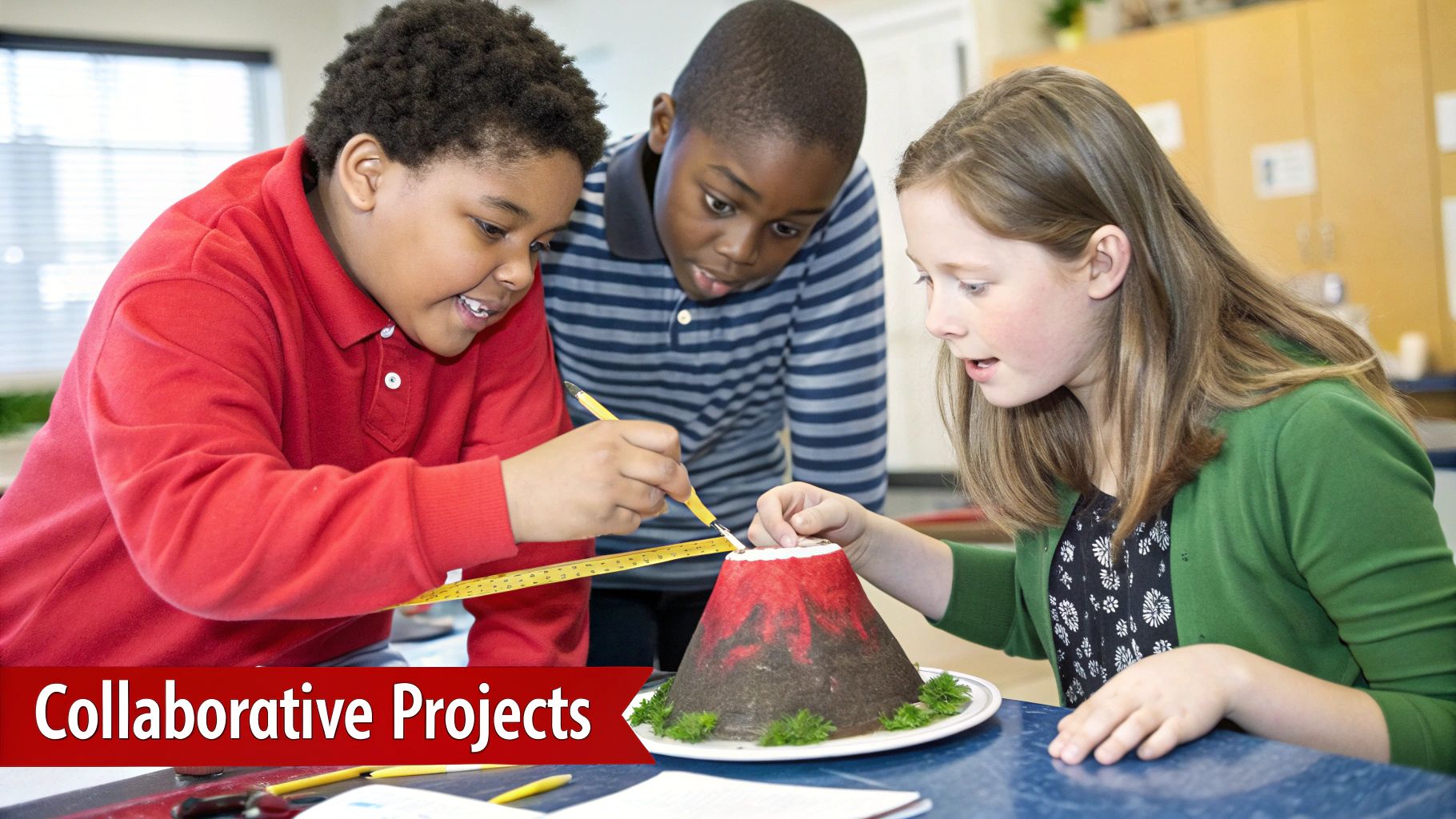 Students working together on a collaborative project, building a model volcano.