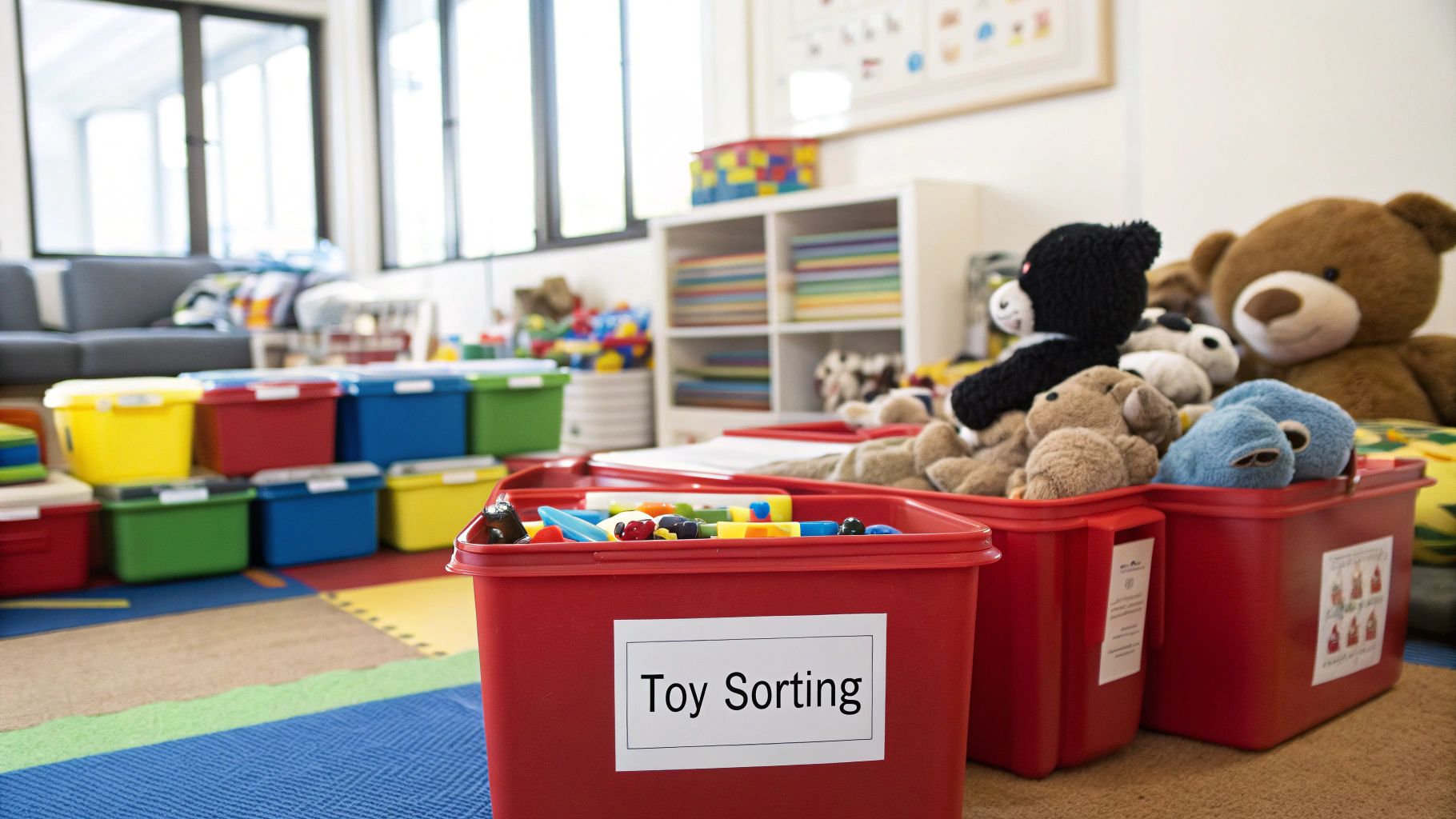 A child sorting colorful wooden blocks into different bins on the floor.