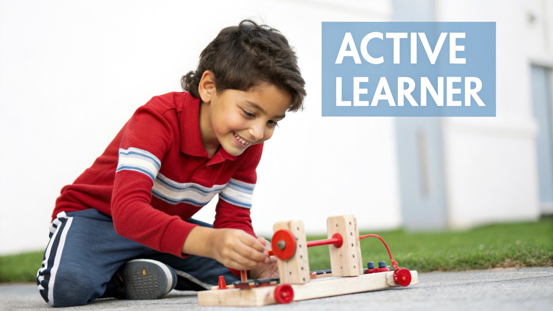 A happy boy kneeling outdoors, playing with a wooden educational toy and smiling.