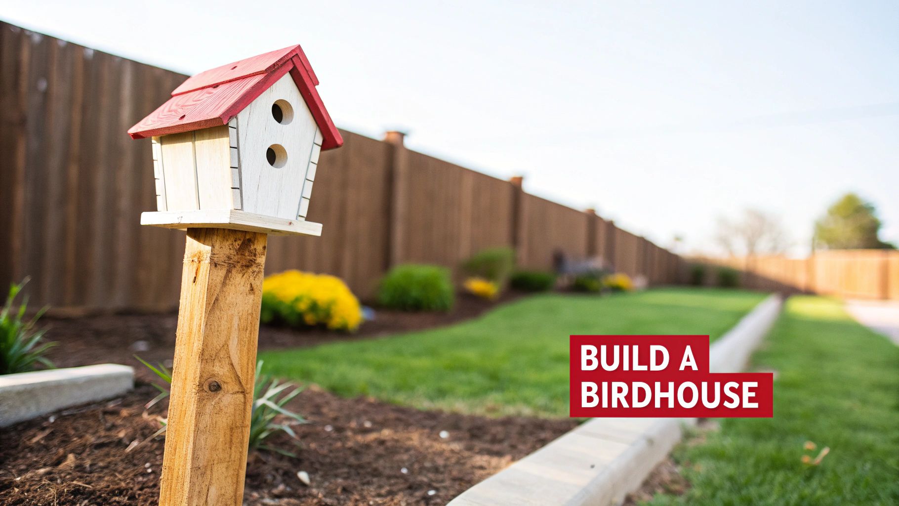 A charming white and red birdhouse on a wooden post in a sunny backyard with a fence and green grass.