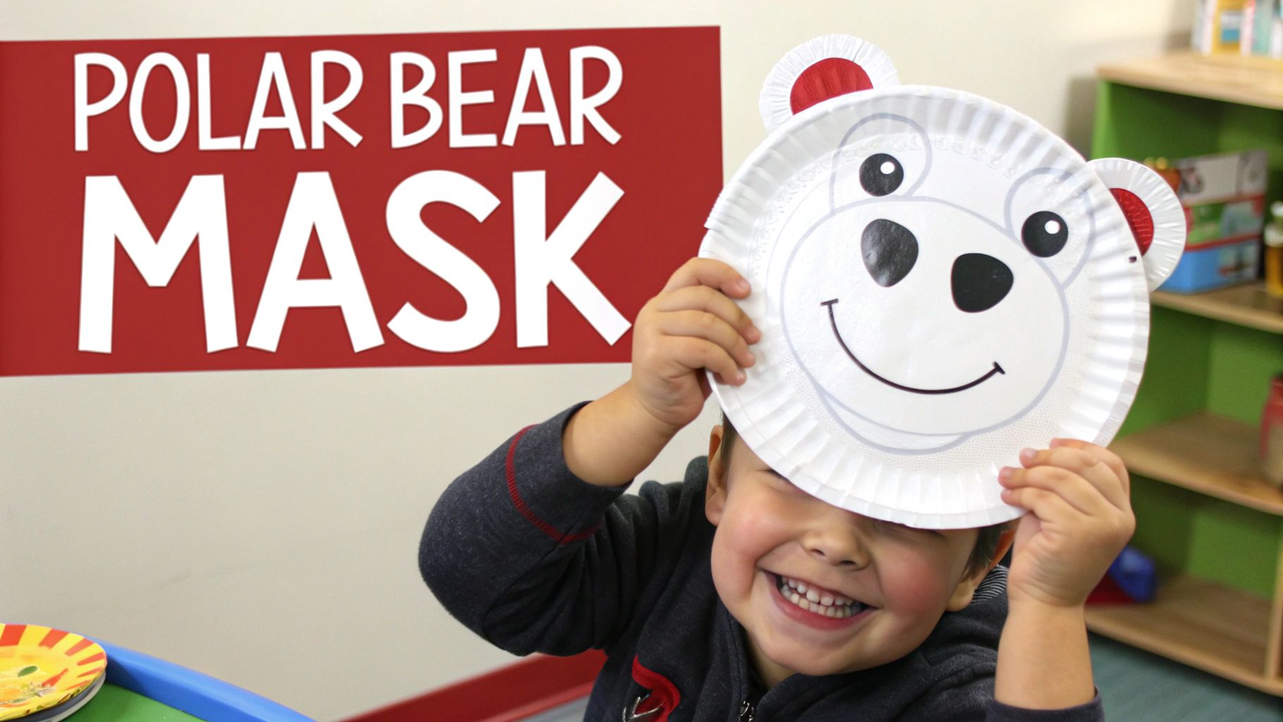 A happy child holds a handmade polar bear paper plate mask over their face, smiling.