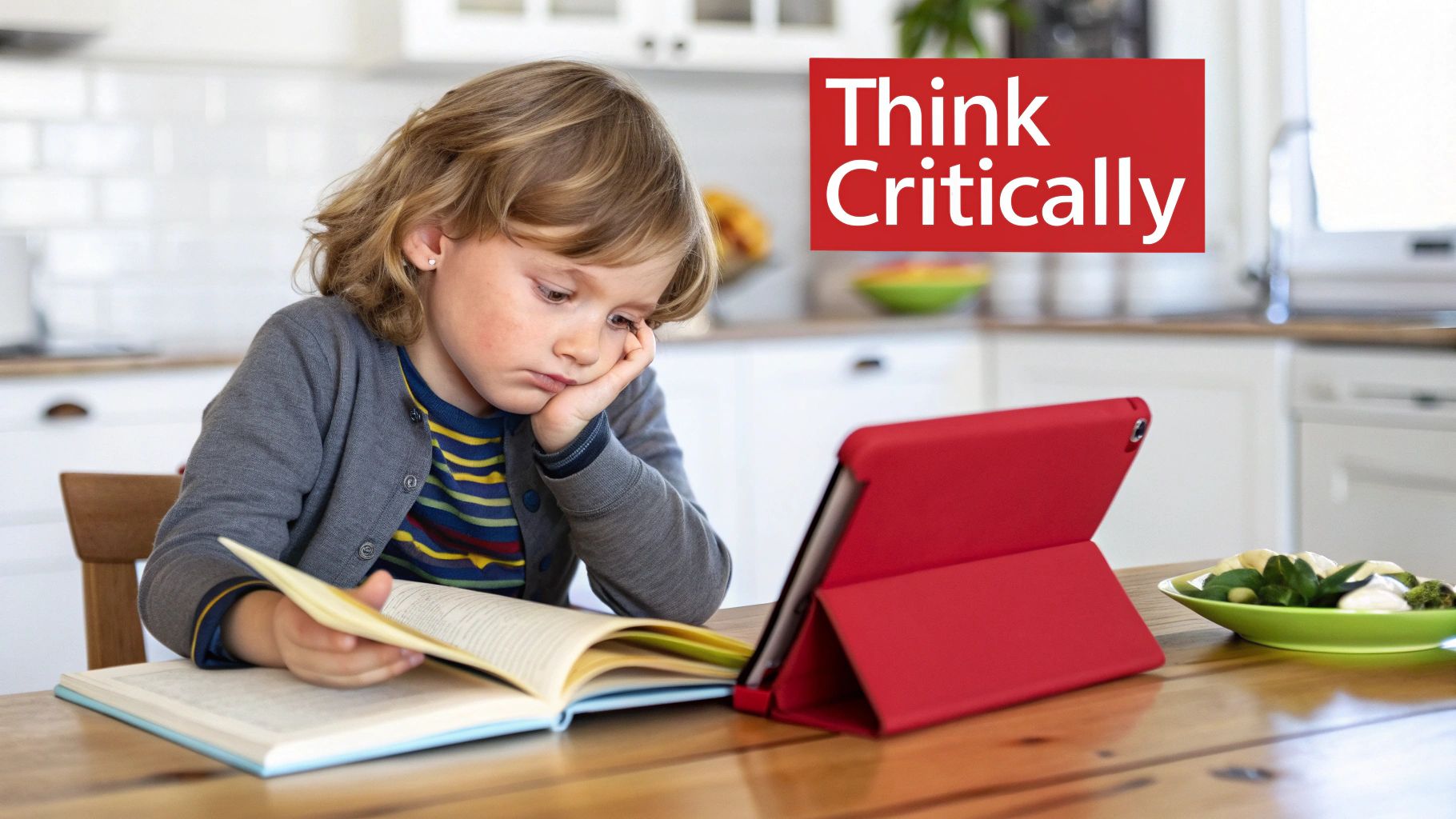 A young boy looks bored while reading a book, with a tablet and 'Think Critically' text.