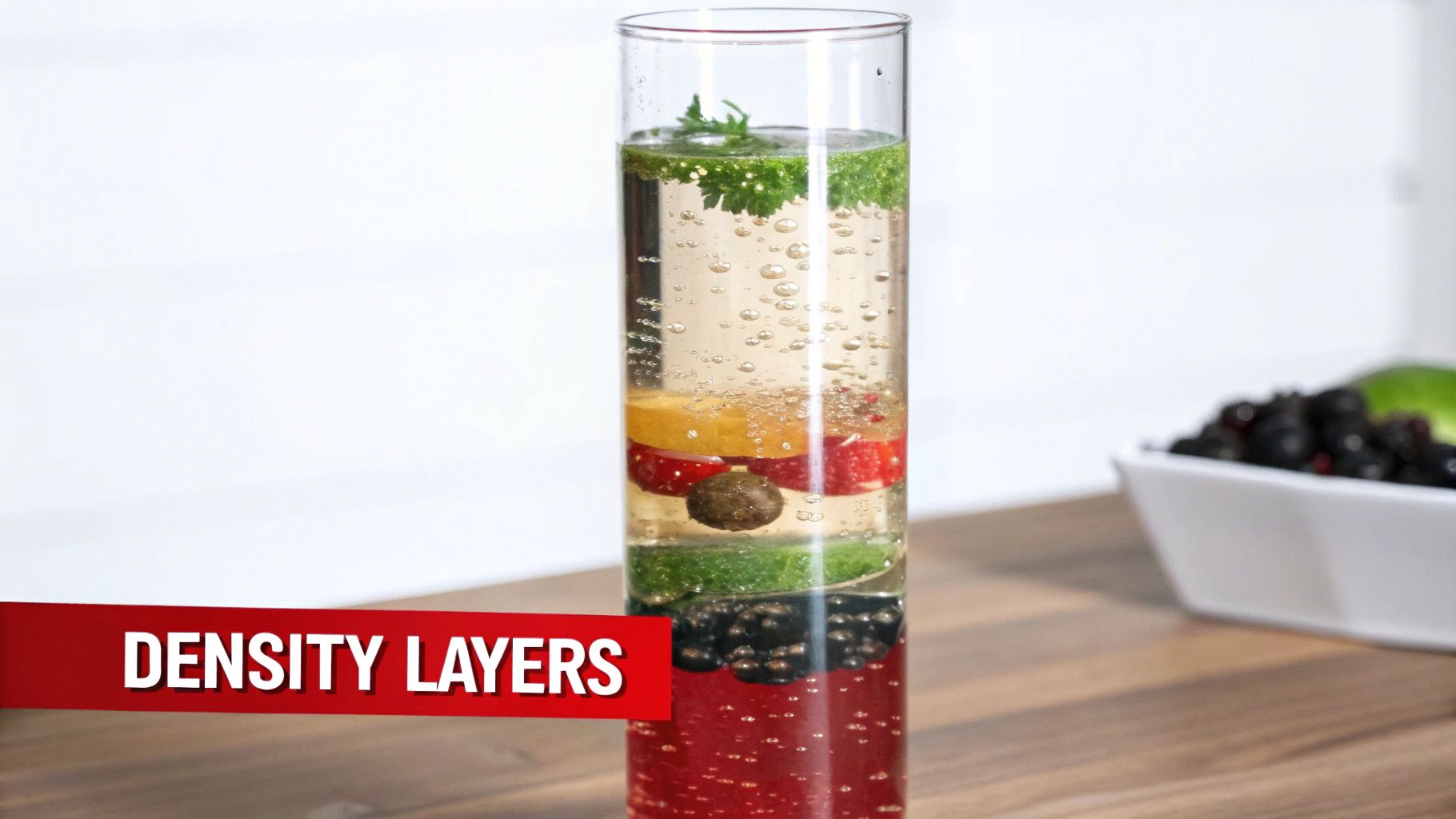 A clear glass shows colorful density layers with fruit, herbs, and liquids on a wooden table.